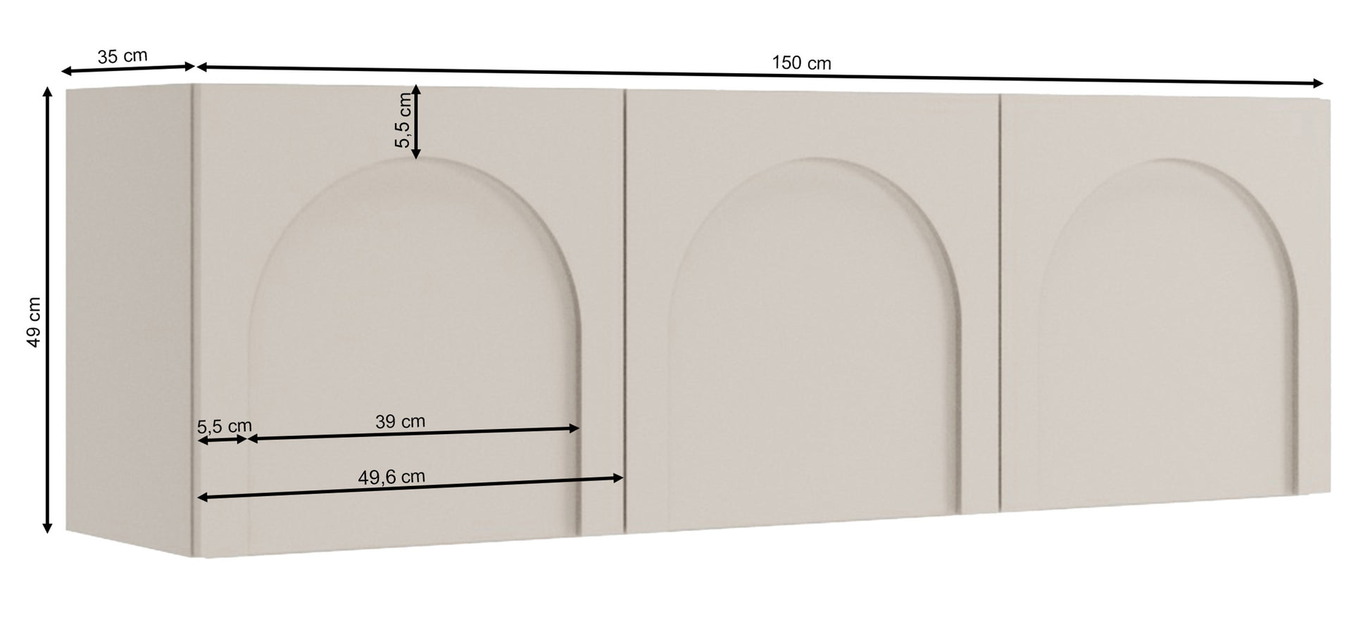 Rysunek wymiarowy - Szafka RTV trzydrzwiowa Arkadia z frezowanymi frontami 150 cm dąb dunin: szerokość 150 cm, głębokość 35 cm, wysokość 49 cm