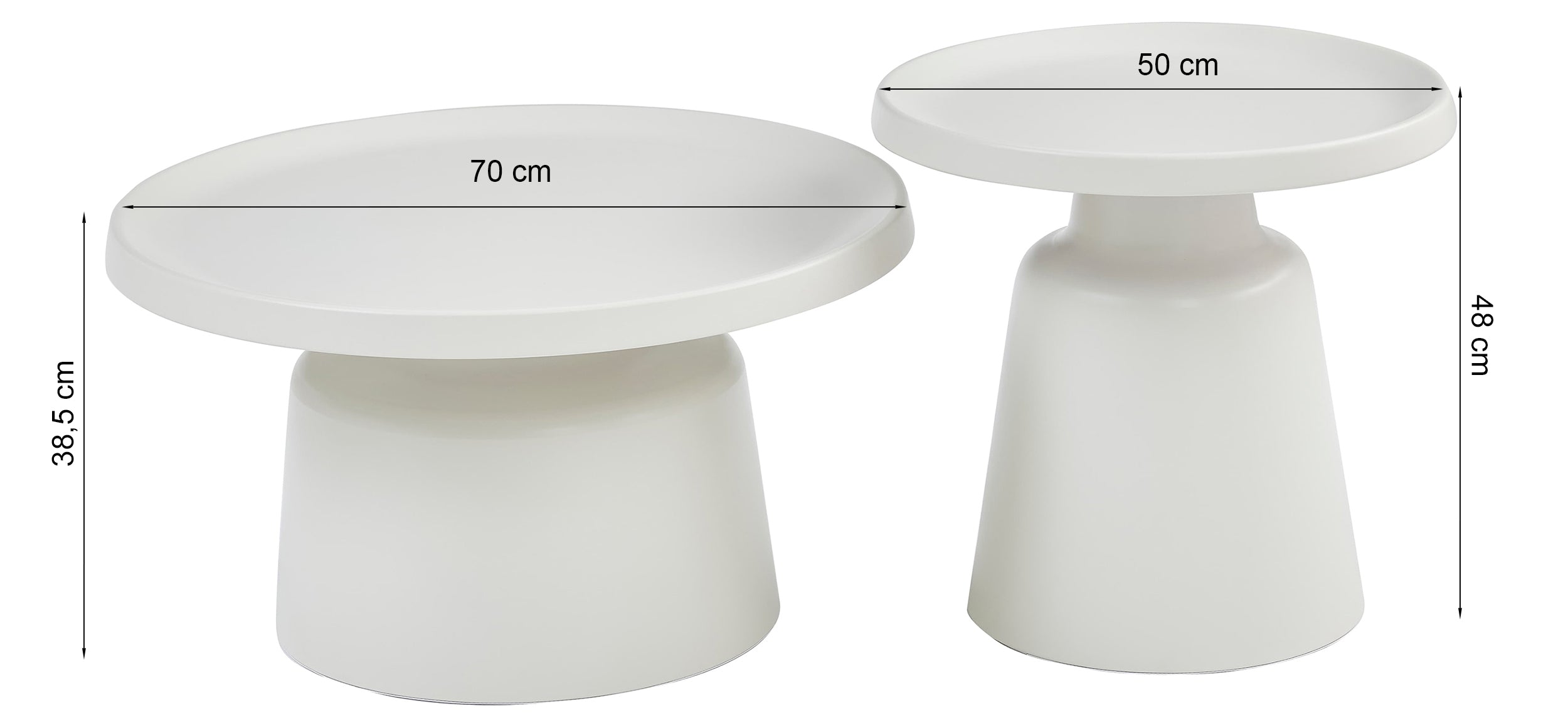 Rysunek wymiarowy - Zestaw stolików kawowych Brin okrągłe 70 i 50 cm czarne: szerokość 70 cm, głębokość 70 cm, wysokość 38,5 cm