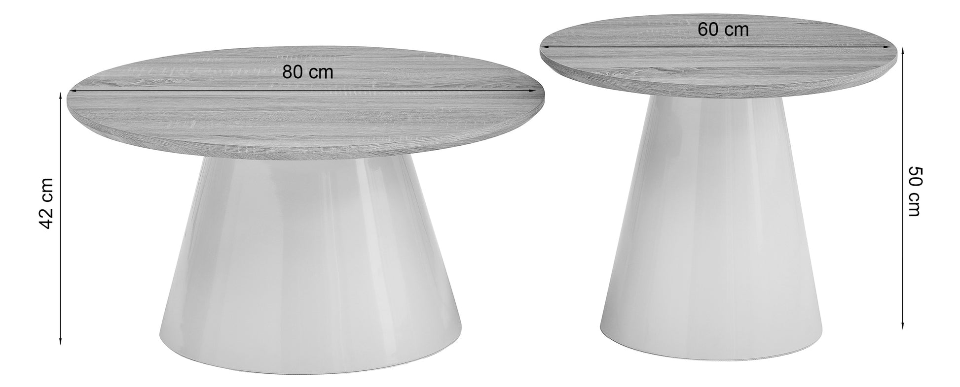 Rysunek wymiarowy - Zestaw stolików kawowych Lunnea dąb naturalny z kremową podstawą: szerokość 80 cm, głębokość 80 cm, wysokość 42 cm
