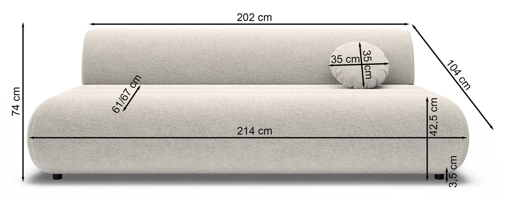 Rysunek wymiarowy - Kanapa rozkładana Arione: szerokość 214 cm, głębokość 104 cm, wysokość 74 cm