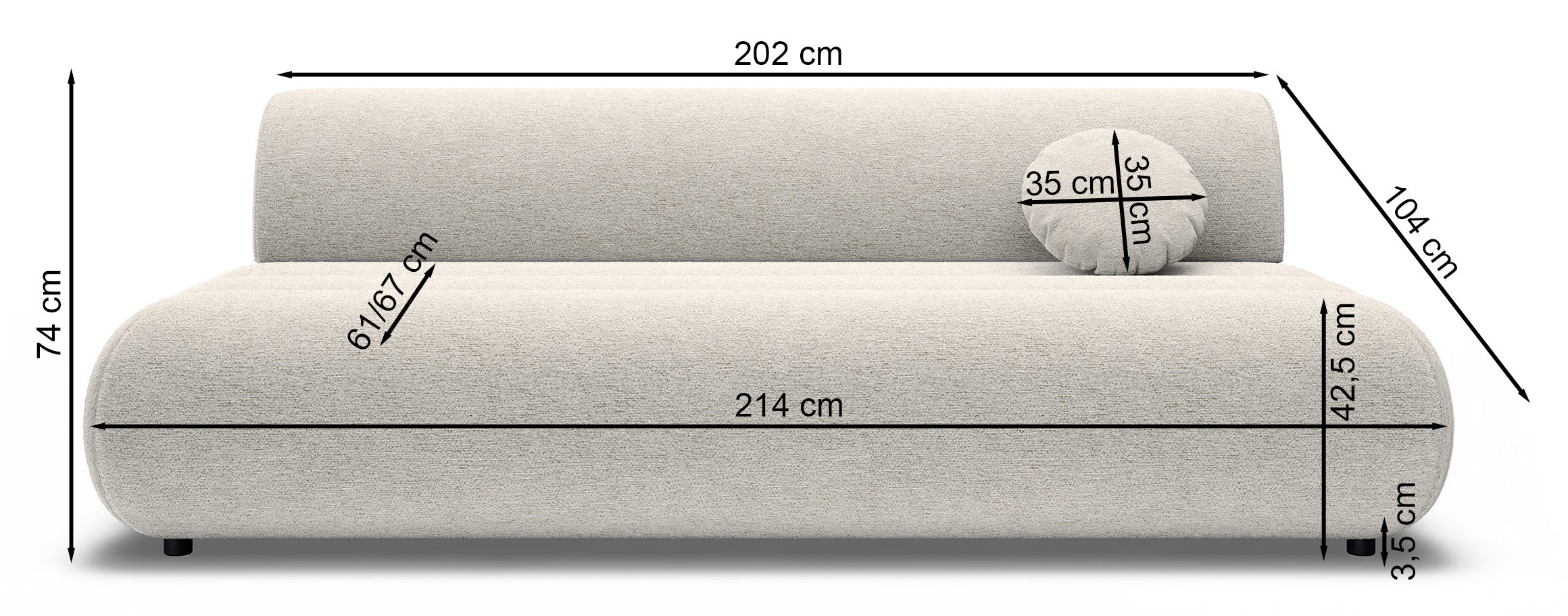 Rysunek wymiarowy - Kanapa rozkładana Arione: szerokość 214 cm, głębokość 104 cm, wysokość 74 cm