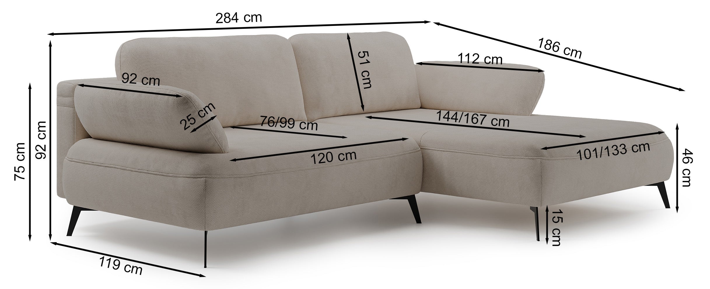 Rysunek wymiarowy - Narożnik Avolla prawostronny z pojemnikiem oliwkowy: szerokość 284 cm, głębokość 186 cm, wysokość 75 cm