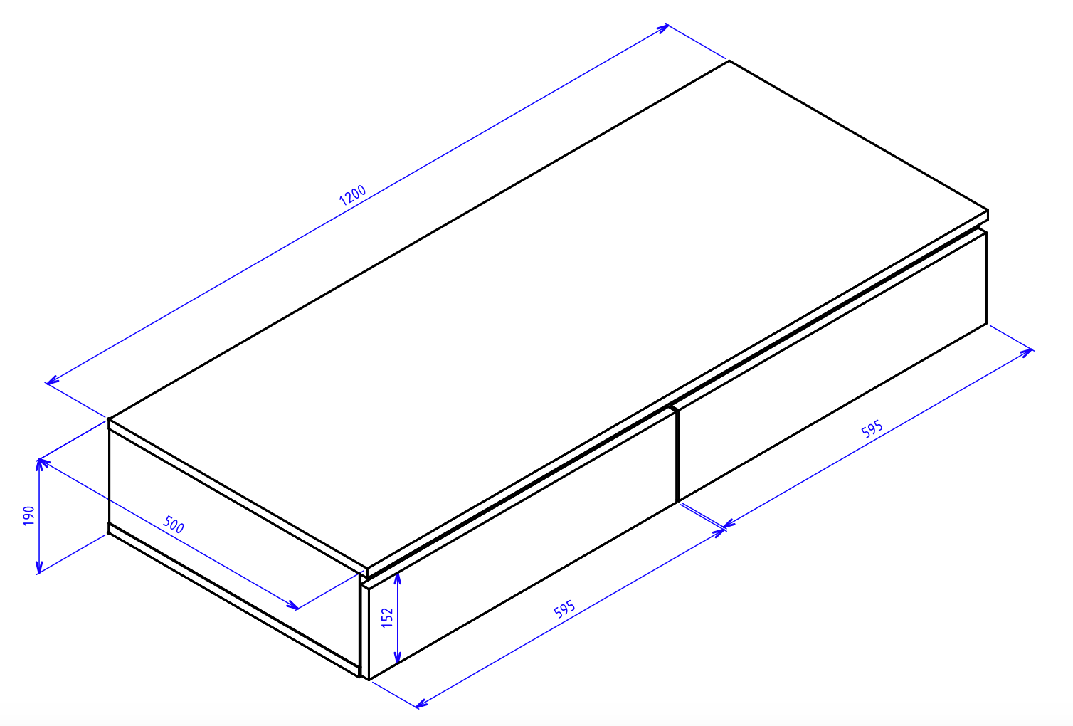 Rysunek wymiarowy - Biurko toaletka Bemmi wisząca z szufladami 120 cm orzech wisconsin: szerokość 120 cm, głębokość 50 cm, wysokość 19 cm