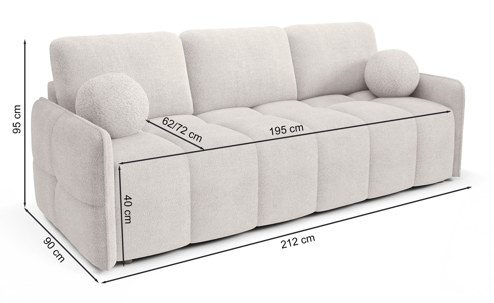 Rysunek wymiarowy - Kanapa rozkładana Bambeli beżowa: szerokość 212 cm, głębokość 90 cm, wysokość 95 cm