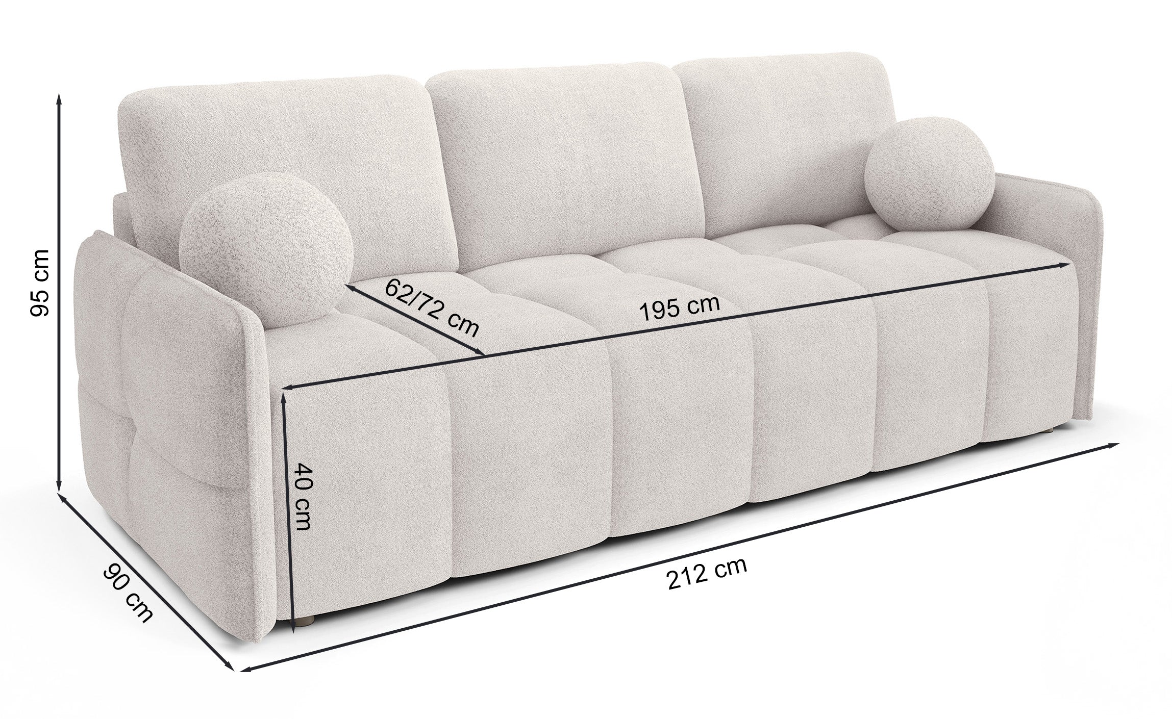 Rysunek wymiarowy - Kanapa rozkładana Bambeli beżowa: szerokość 212 cm, głębokość 90 cm, wysokość 95 cm