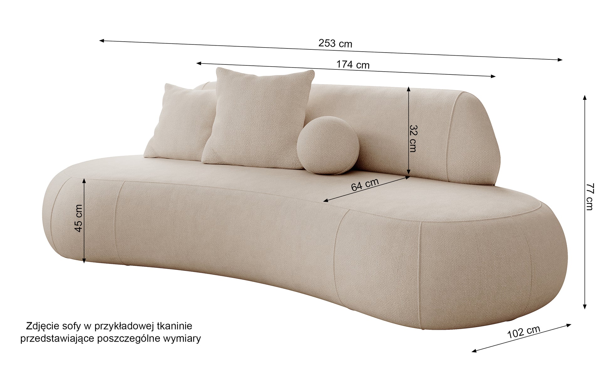 Rysunek wymiarowy - Sofa Balme jasnoszara w tkaninie łatwoczyszczącej: szerokość 253 cm, głębokość 102 cm, wysokość 77 cm