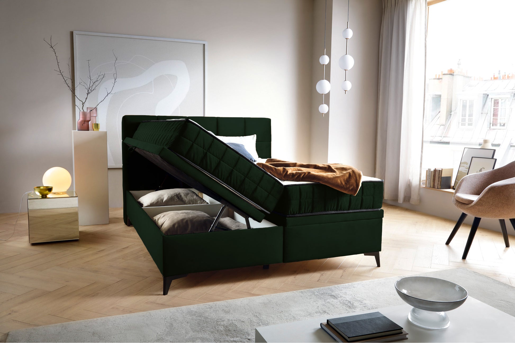 Łóżko kontynentalne Beriano 180x200 cm z pojemnikami i materacem butelkowa zieleń - rodzaj materac piankowy