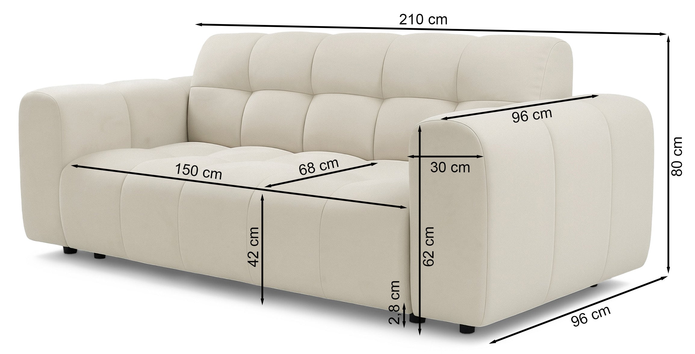 Rysunek wymiarowy - Kanapa Boloon: szerokość 210 cm, głębokość 96 cm, wysokość 80 cm