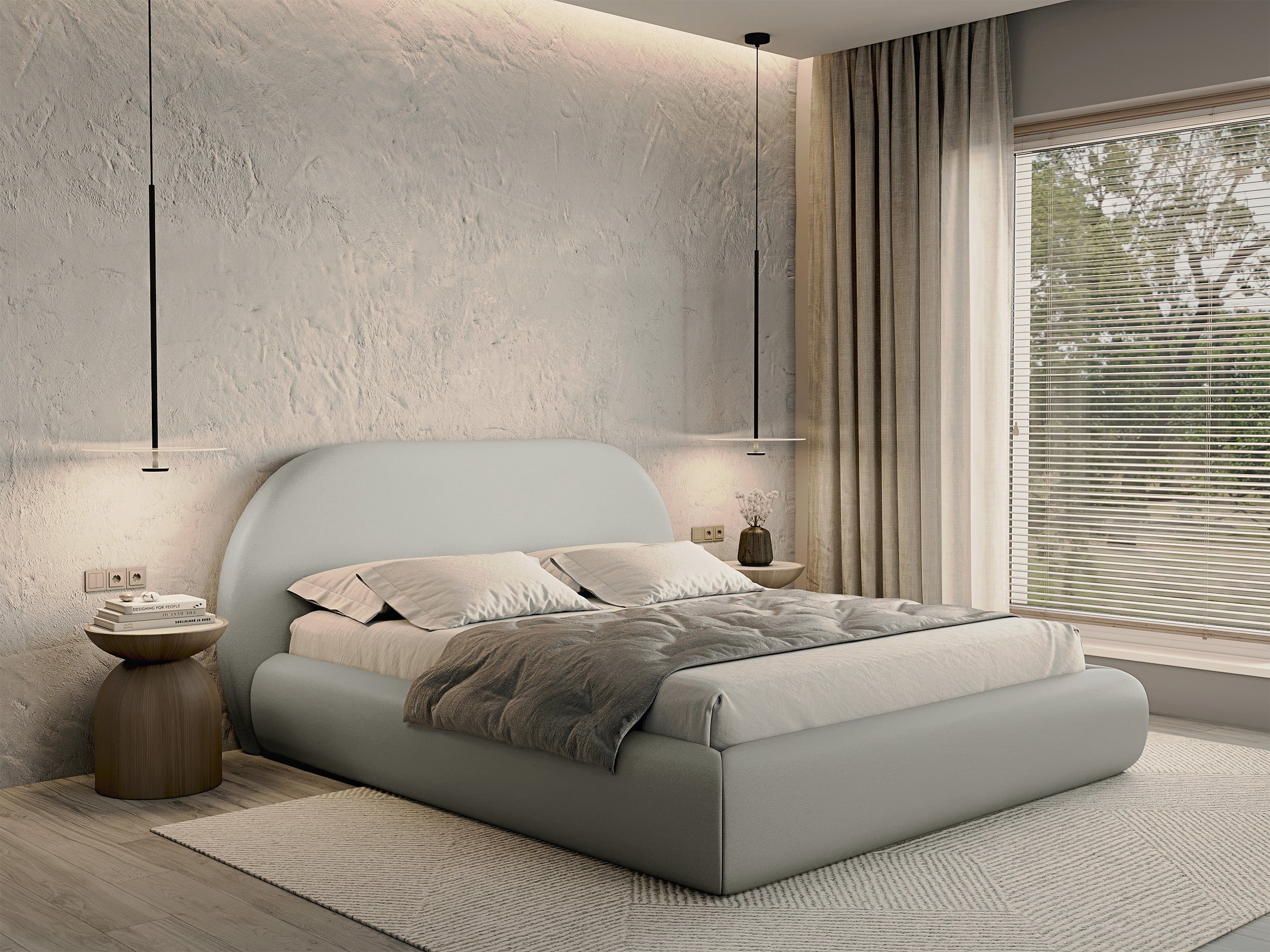 Łóżko tapicerowane 160x200 cm Buvio z pojemnikiem stelaż metalowy szarobeżowe szenil