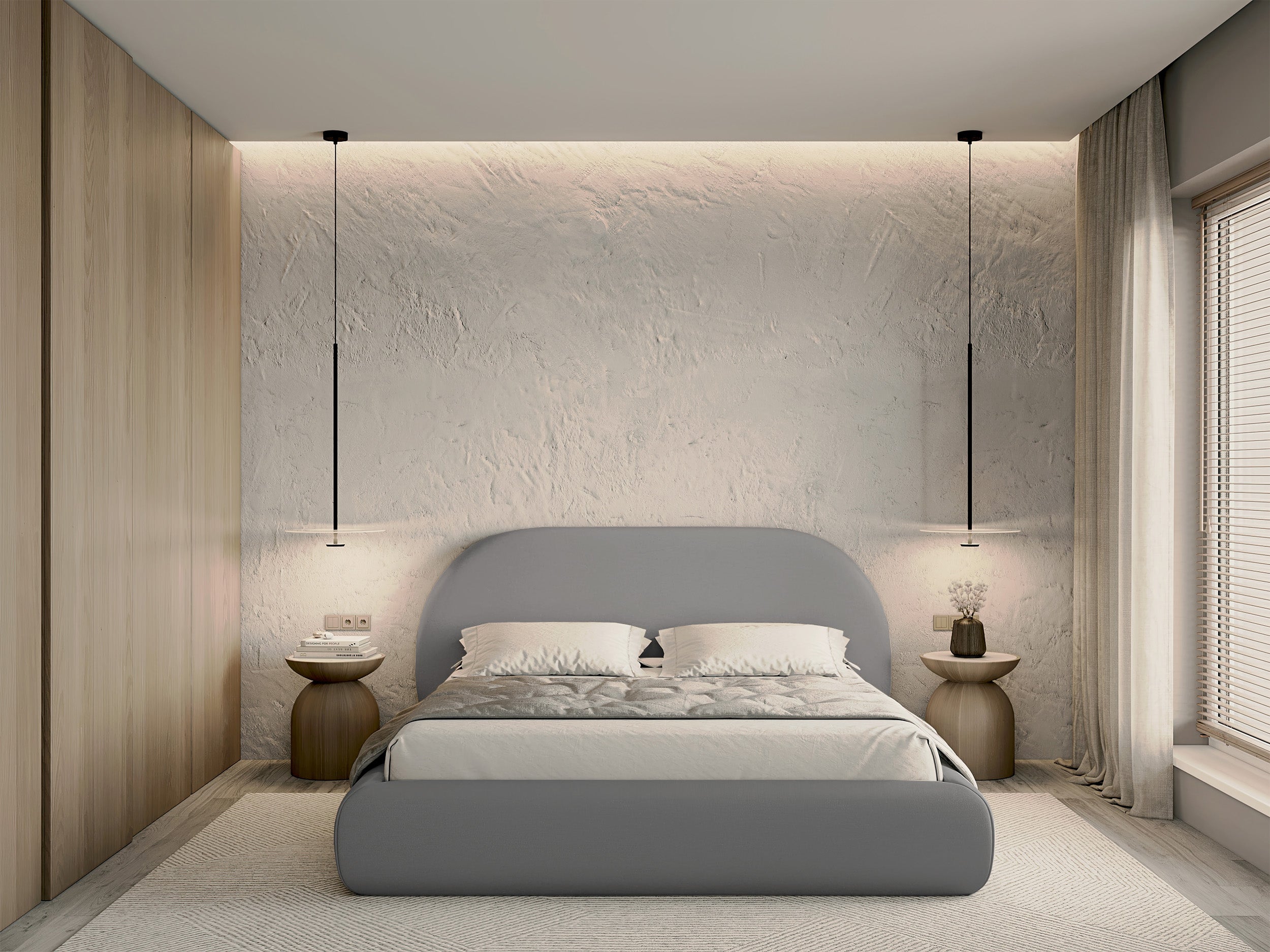 Łóżko tapicerowane 180x200 cm Buvio z pojemnikiem stelaż metalowy jasnoszare szenil