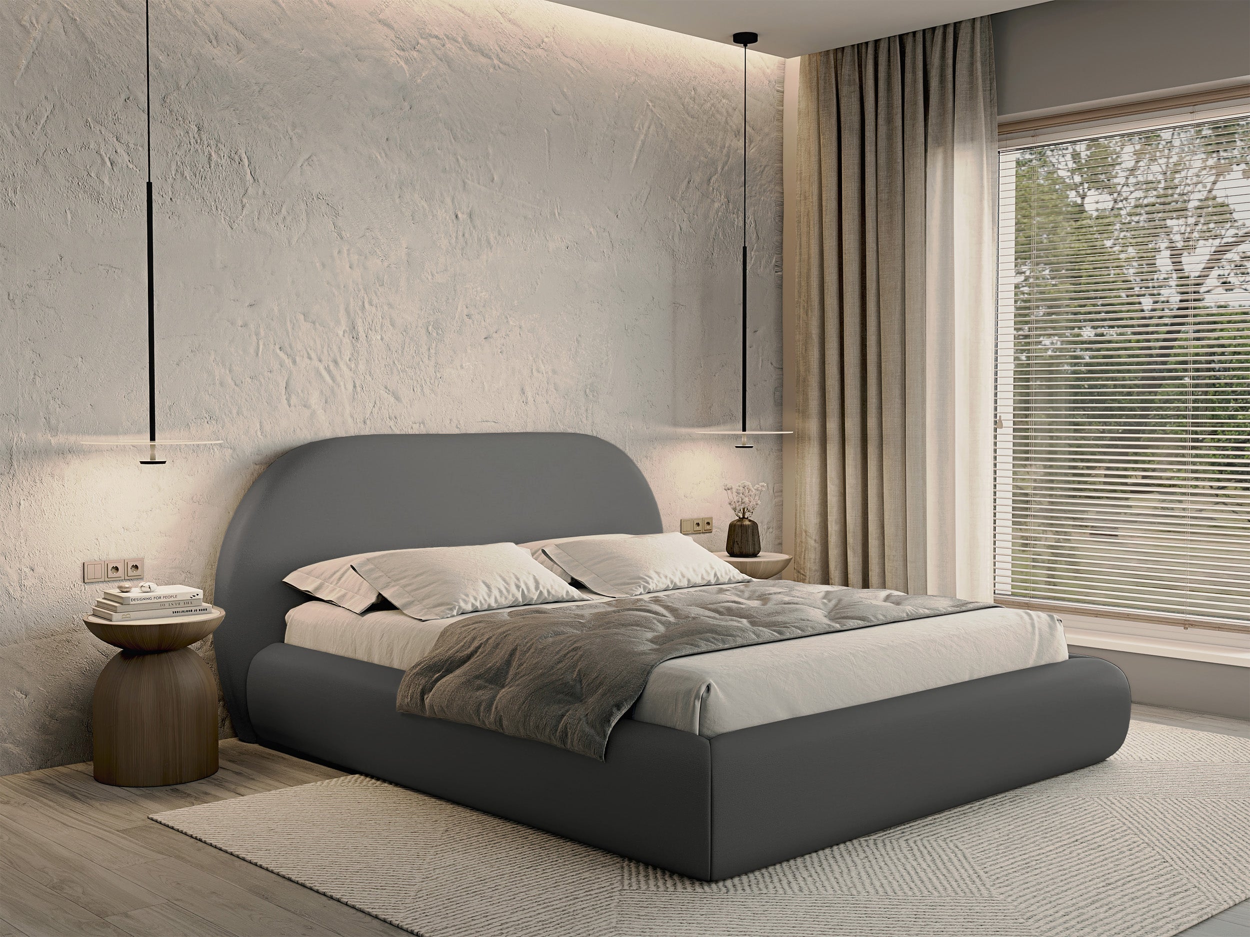 Łóżko tapicerowane 140x200 cm Buvio z pojemnikiem stelaż metalowy szare szenil