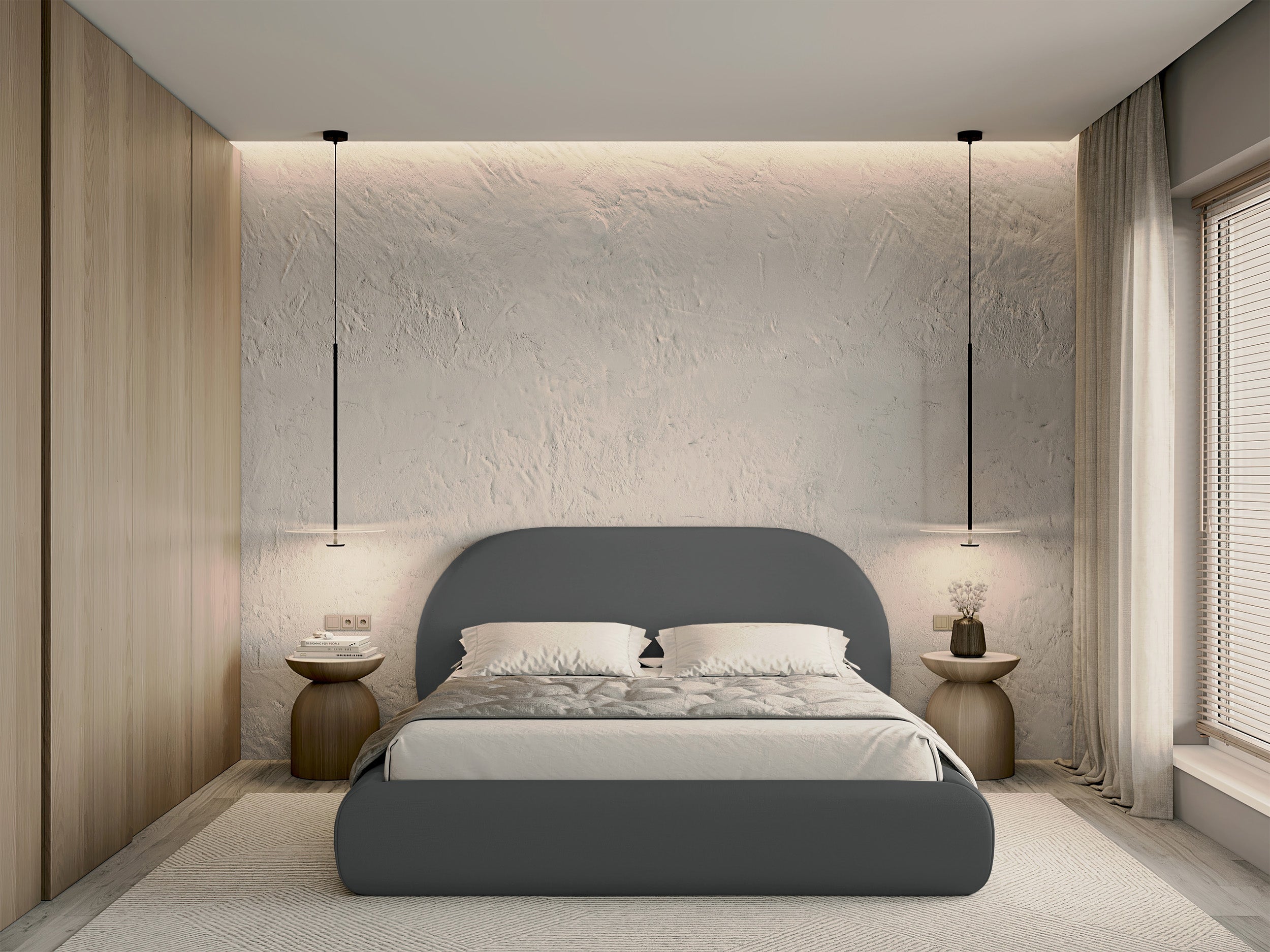 Łóżko tapicerowane 160x200 cm Buvio z pojemnikiem stelaż metalowy szare szenil - materiał drewno