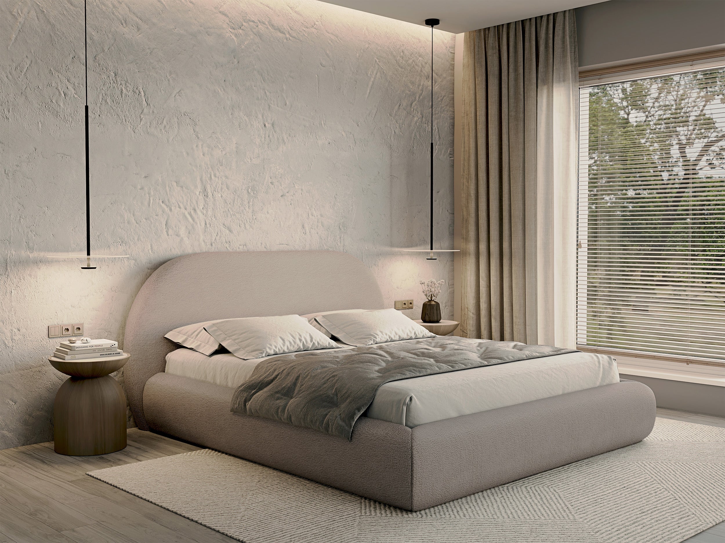 Łóżko tapicerowane 140x200 cm Buvio z pojemnikiem stelaż metalowy jasnobeżowe boucle