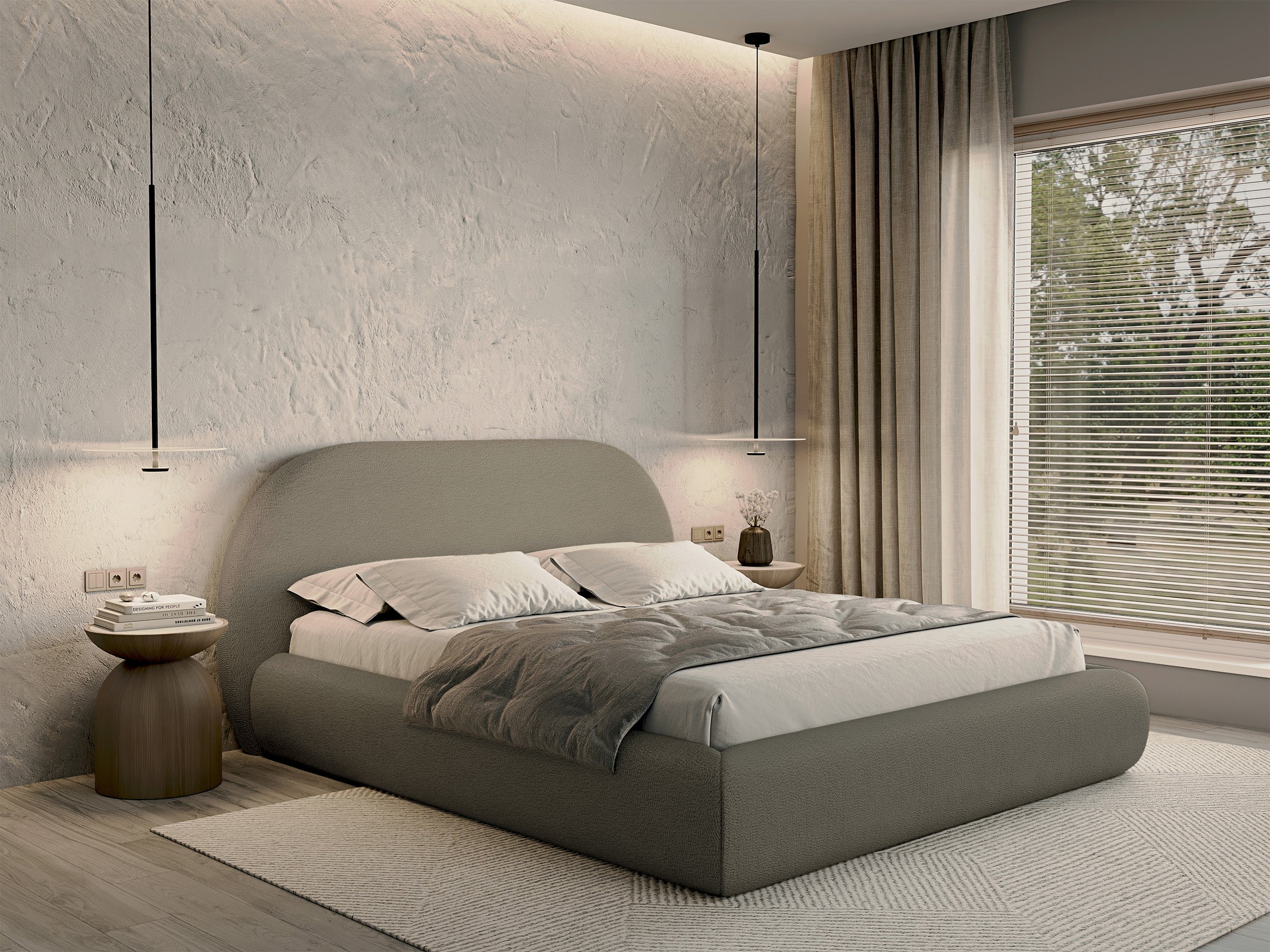 Łóżko tapicerowane 160x200 cm Buvio z pojemnikiem stelaż metalowy ciemnobeżowe boucle