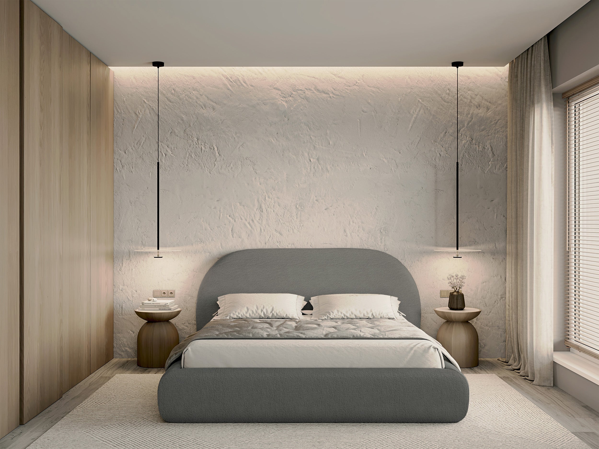 Łóżko tapicerowane 140x200 cm Buvio z pojemnikiem stelaż metalowy szare boucle - materiał tworzywo sztuczne