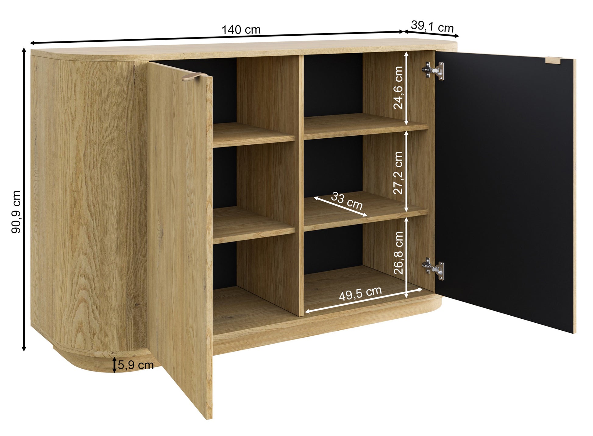 Rysunek wymiarowy - Komoda dwudrzwiowa Coru 140 cm dąb cremona torro: szerokość 140 cm, głębokość 39,1 cm, wysokość 90,9 cm
