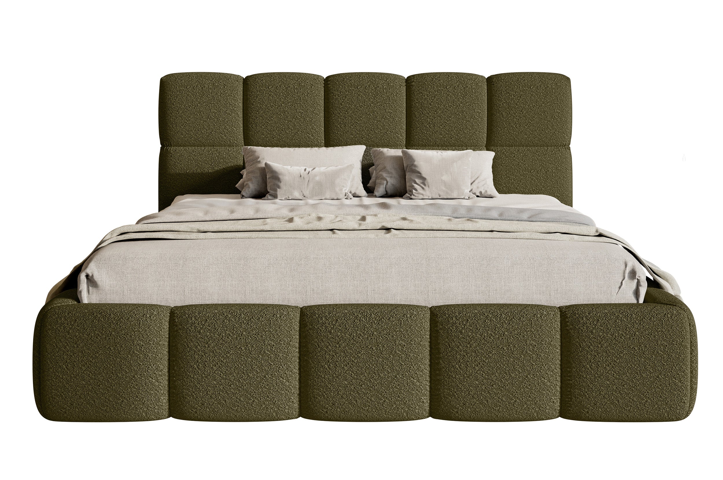 Łóżko tapicerowane 120x200 cm Cloudy z pojemnikiem stelaż metalowy oliwkowe boucle - materiał pianka meblowa