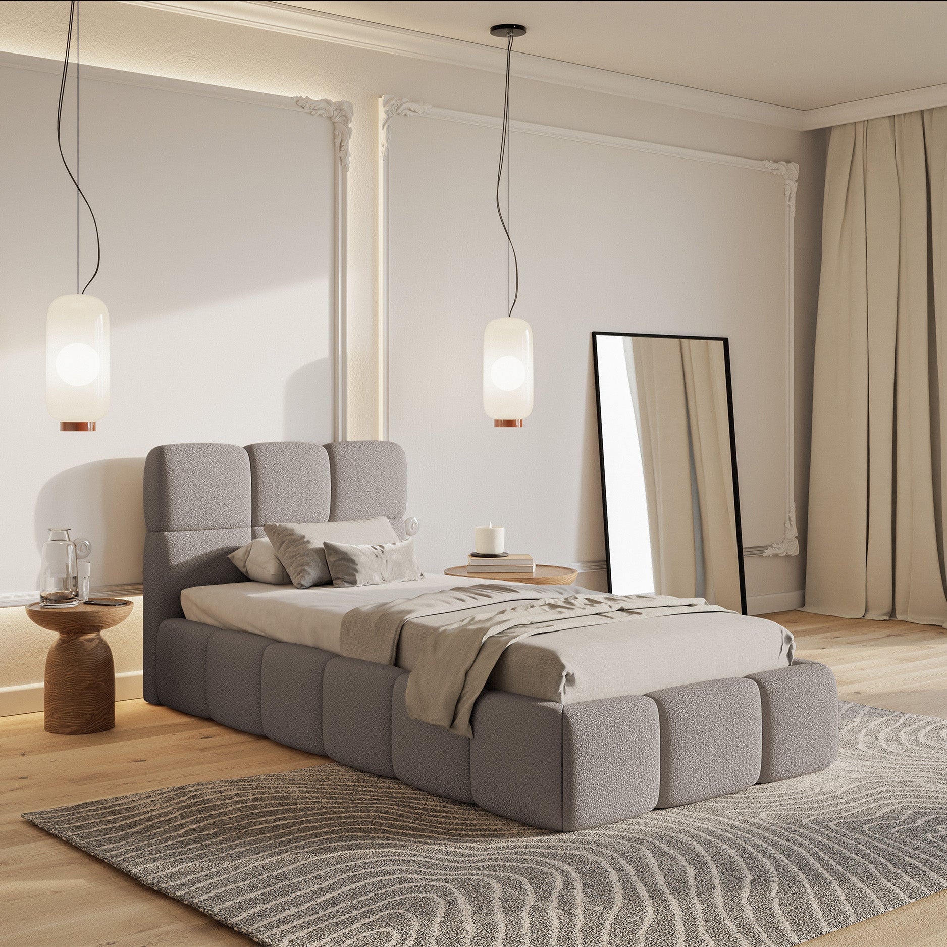Łóżko tapicerowane 90x200 cm Cloudy z pojemnikiem stelaż metalowy jasnoszare boucle - bez materaca