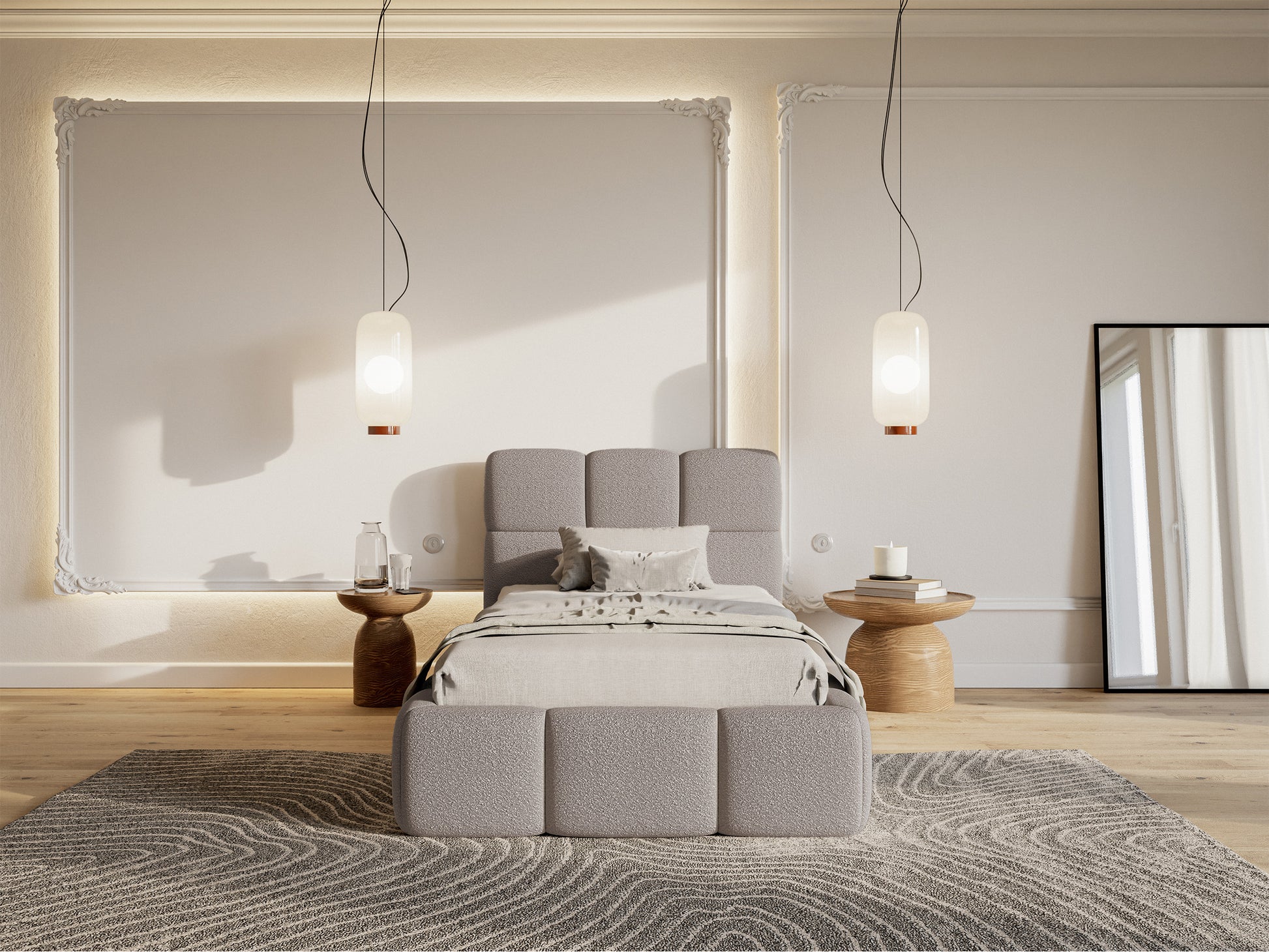 Łóżko tapicerowane 90x200 cm Cloudy z pojemnikiem stelaż metalowy jasnoszare boucle - materiał drewno