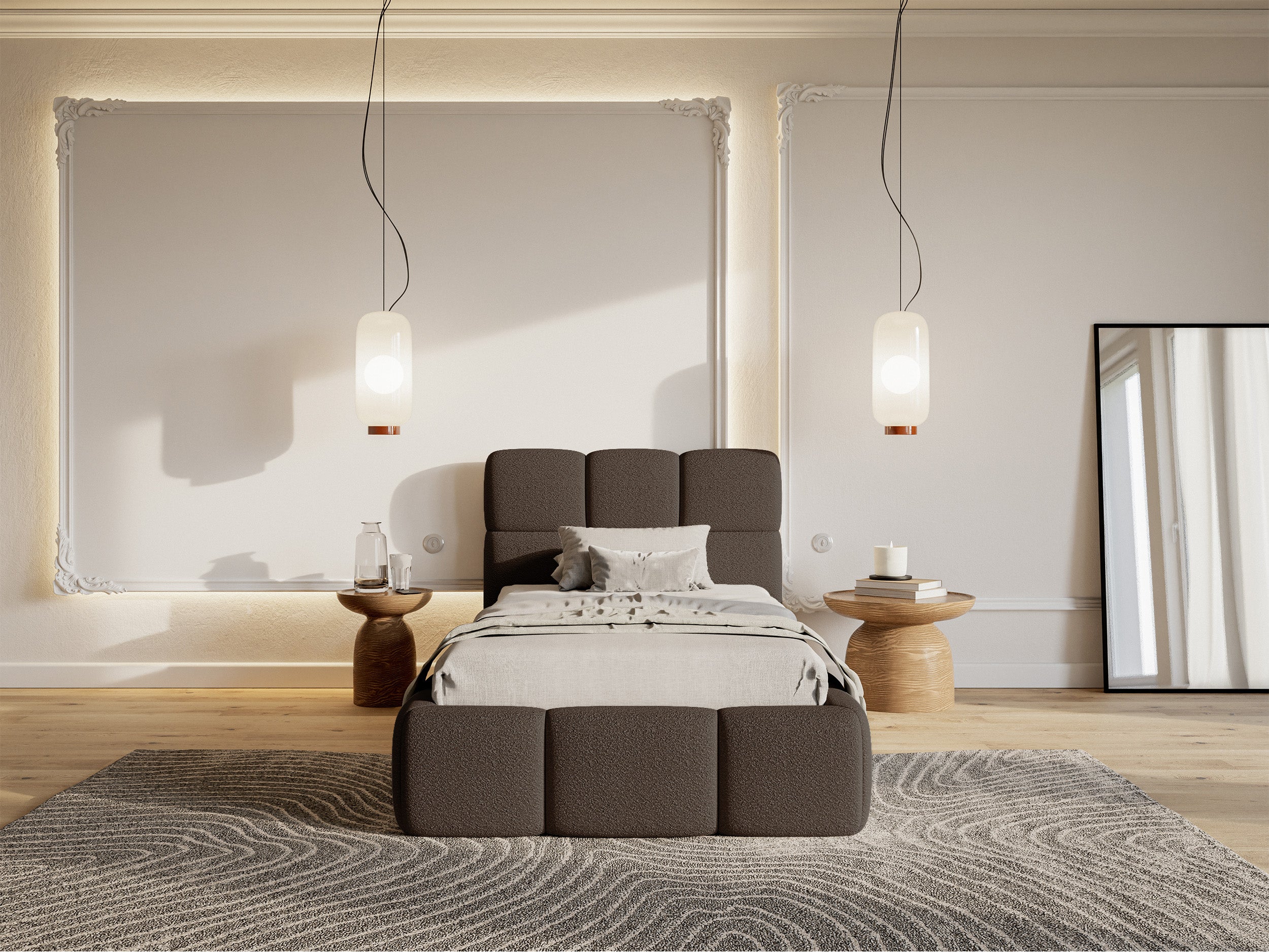 Łóżko tapicerowane 90x200 cm Cloudy brązowe boucle - materiał drewno