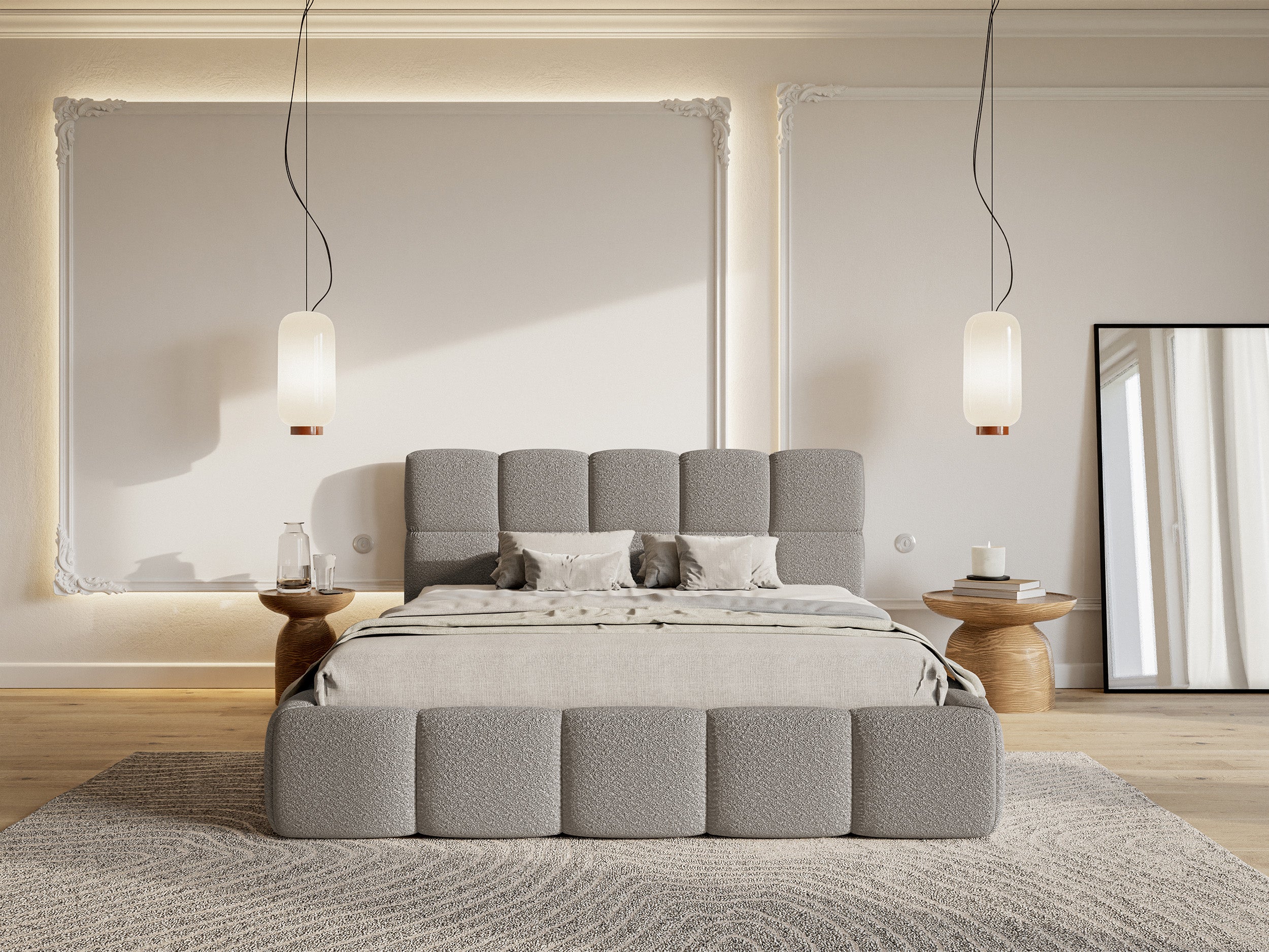 Łóżko tapicerowane 200x200 cm Cloudy z pojemnikiem szare boucle