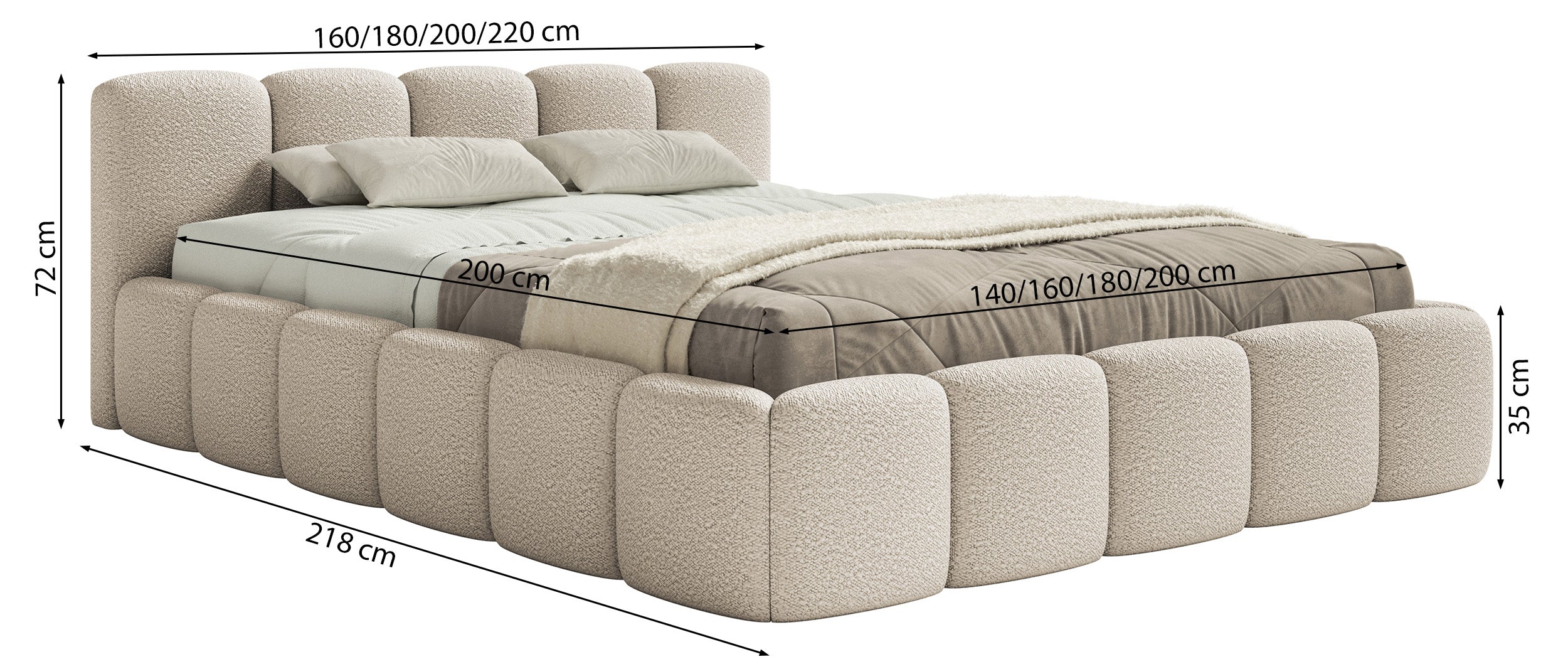 Rysunek wymiarowy - Łóżko Cloudy Low 160x200 cm szare boucle stelaż drewniany: szerokość 180 cm, długość 218 cm, wysokość 72 cm