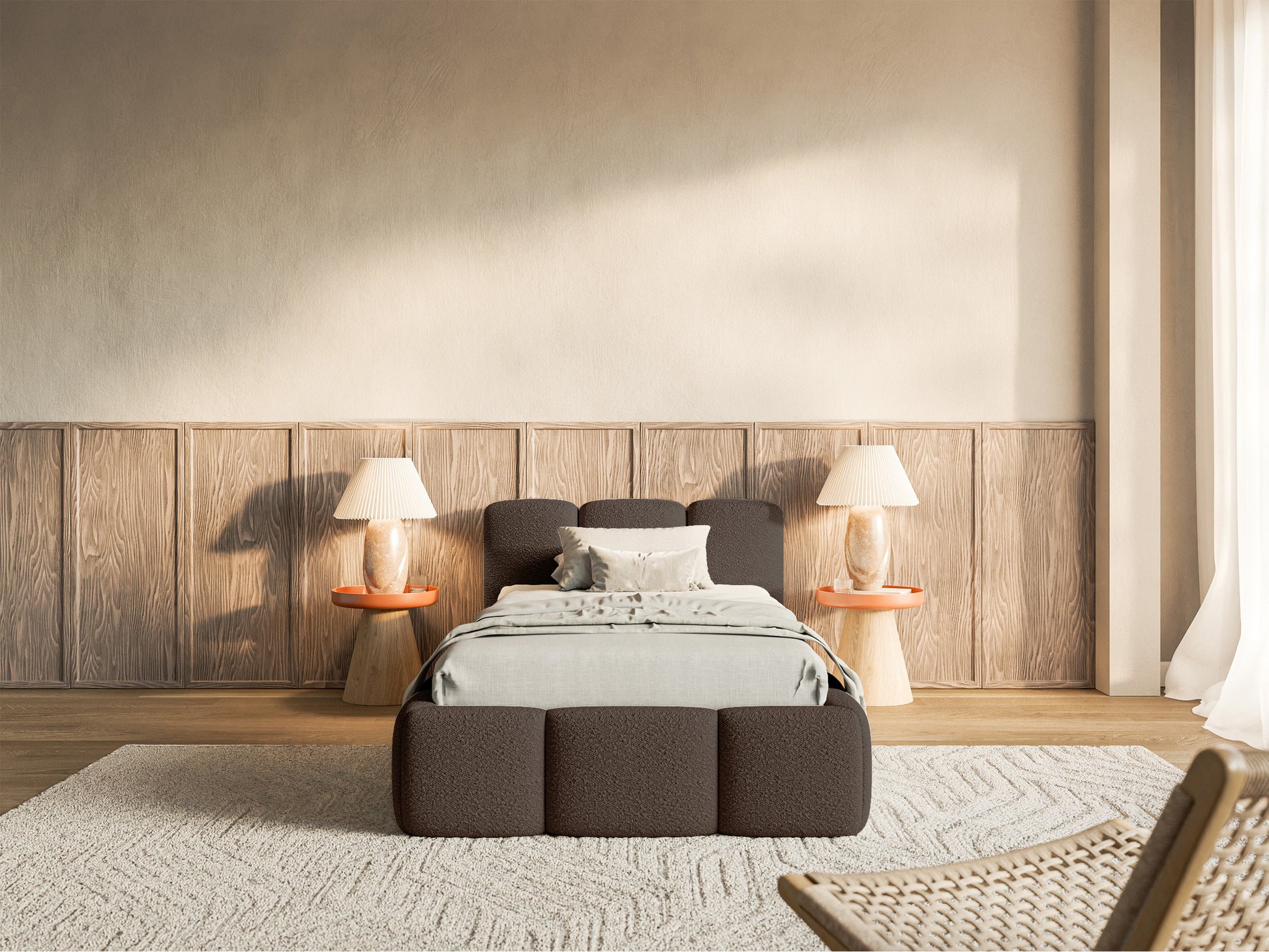 Łóżko tapicerowane 90x200 cm Cloudy Low brązowe boucle - materiał drewno