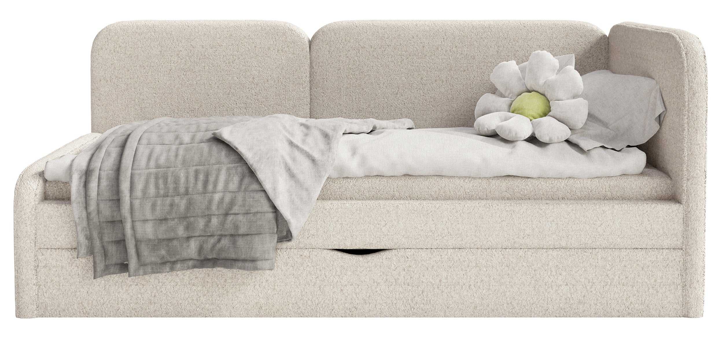Łóżko młodzieżowe Cuddy prawostronne z materacem i pojemnikiem jasnobeżowe plusz hydrofobowy - wysokość 86 cm