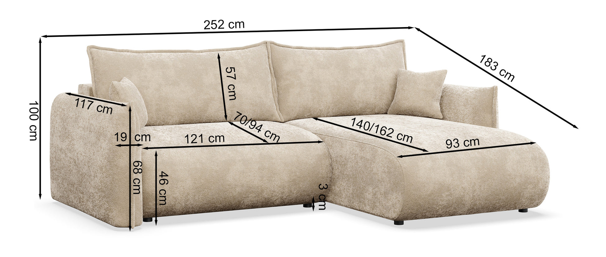 Rysunek wymiarowy - Narożnik Cushi lewostronny z pojemnikiem szary: szerokość 252 cm, głębokość 183 cm, wysokość 100 cm