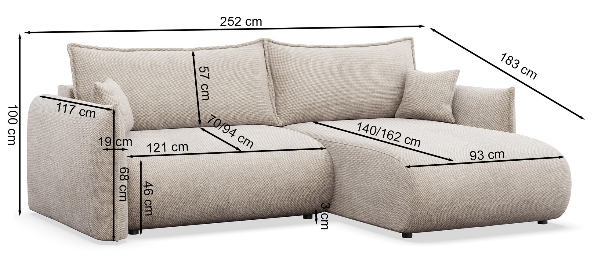 Rysunek wymiarowy - Narożnik Cushi prawostronny z pojemnikiem beżowy: szerokość 252 cm, głębokość 183 cm, wysokość 100 cm