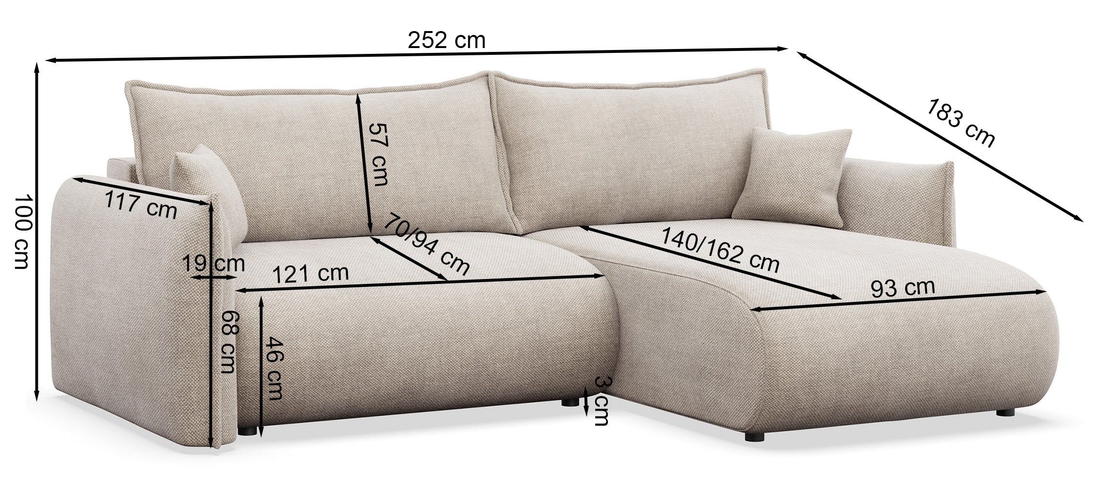 Rysunek wymiarowy - Narożnik Cushi prawostronny z pojemnikiem beżowy: szerokość 252 cm, głębokość 183 cm, wysokość 100 cm