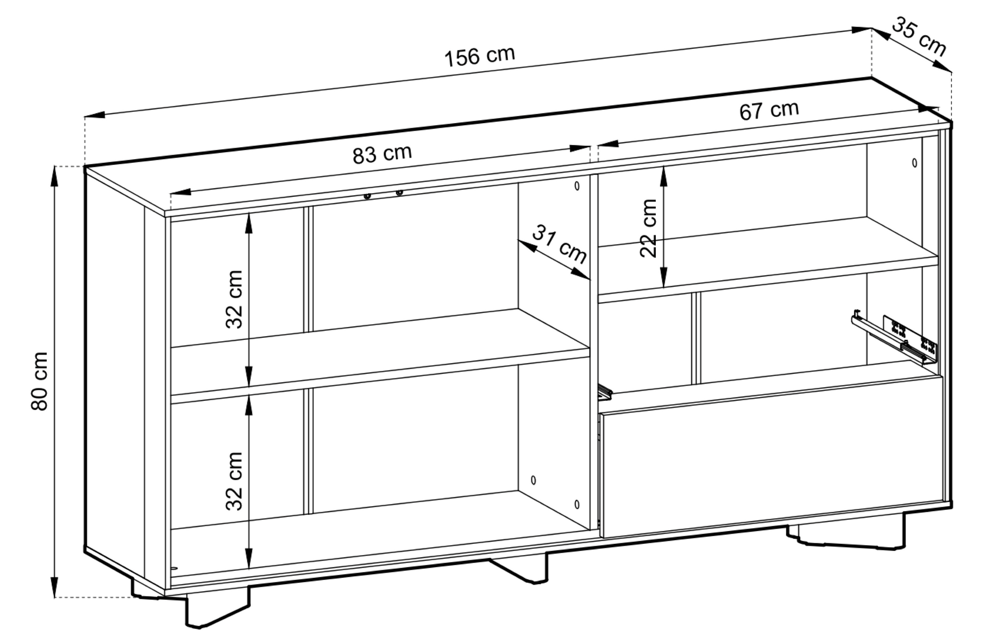 Rysunek wymiarowy - Komoda dwudrzwiowa Distria z dwiema: szerokość 156 cm, głębokość 35 cm, wysokość 80 cm