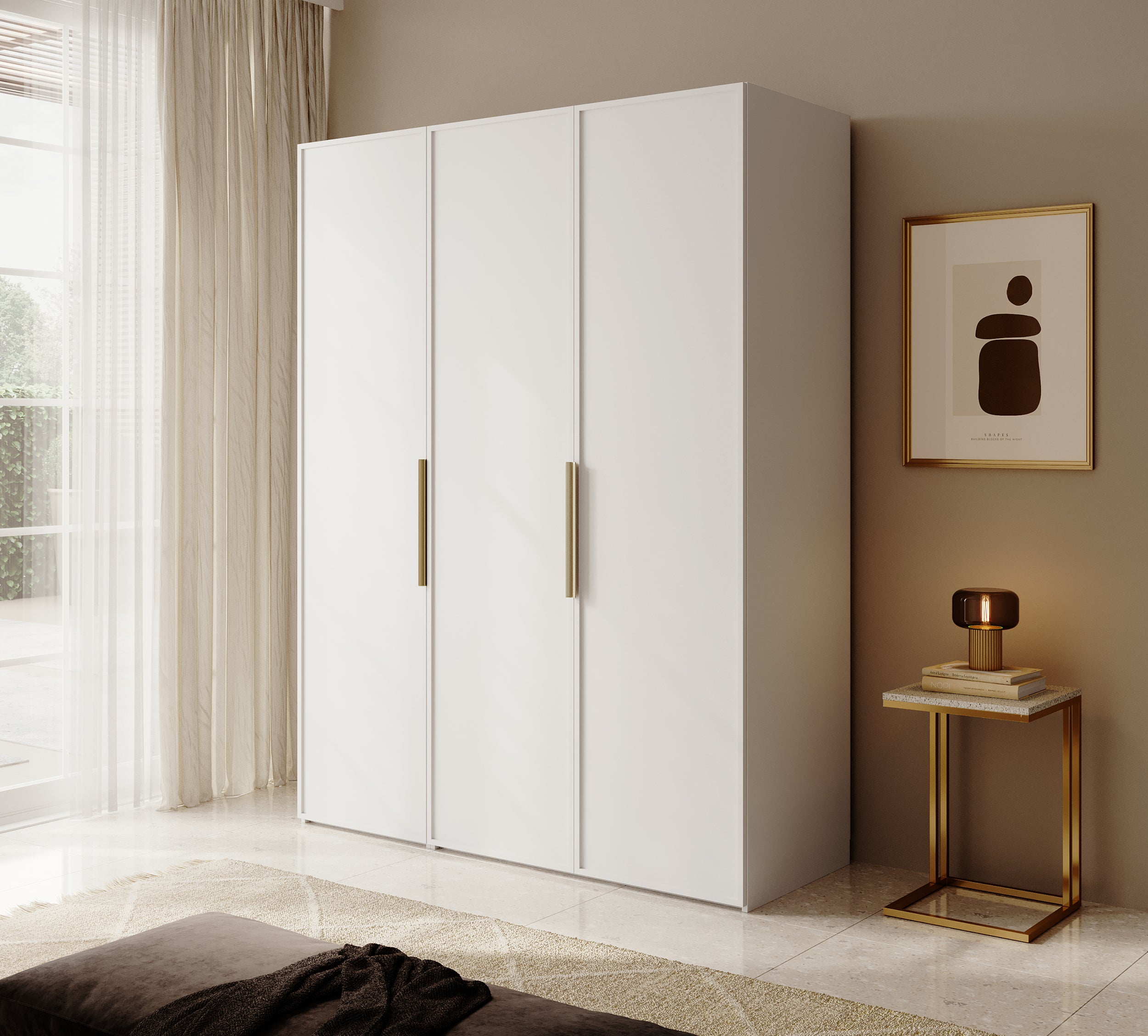 Szafa trzydrzwiowa Frame z drążkiem, półkami i kontenerkiem 150 cm Biała