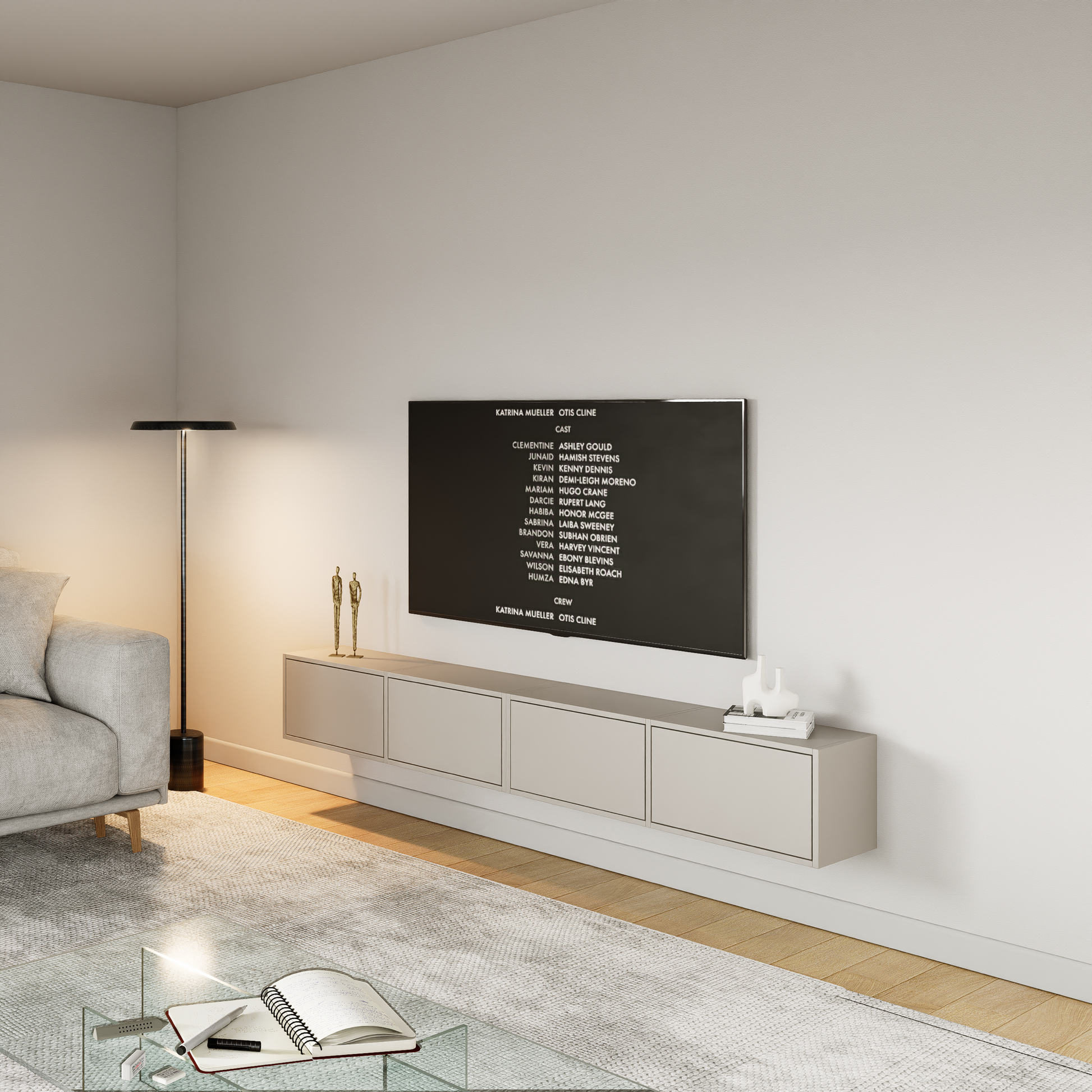 Szafka RTV Framme z czterema klapami 200 cm kaszmir - otwieranie push open