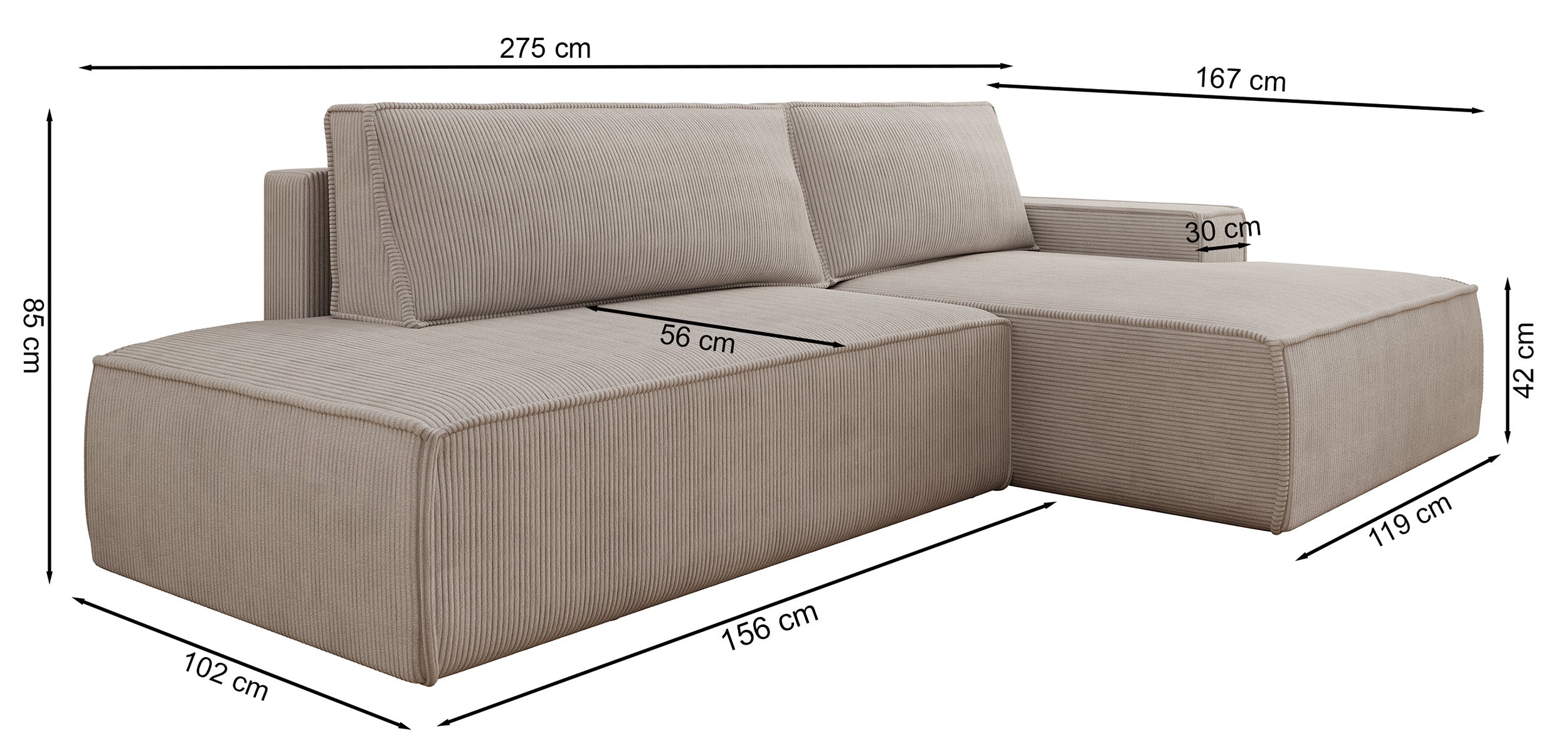 Rysunek wymiarowy - Narożnik Felicjo lewostronny z pojemnikiem liliowy: szerokość 275 cm, głębokość 167 cm, wysokość 85 cm