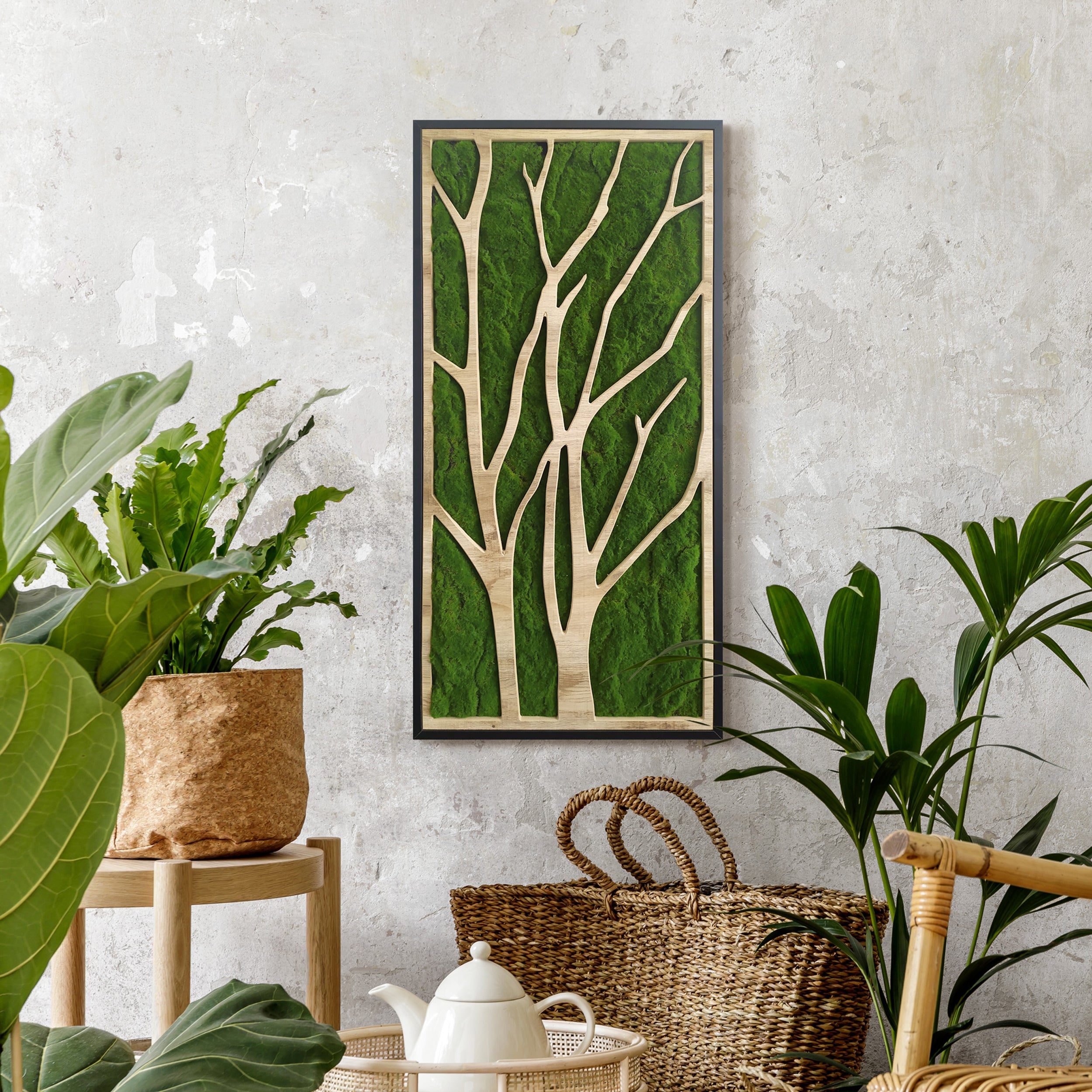 Obraz XL w czarnej ramie ze sztucznym mchem Green Deco II 100x50 cm