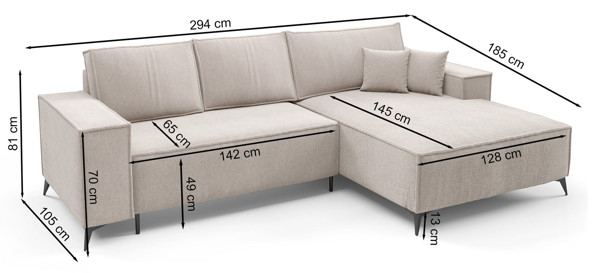 Rysunek wymiarowy - Narożnik Hendro lewostronny z pojemnikiem ciemnoszary: szerokość 294 cm, głębokość 185 cm, wysokość 81 cm