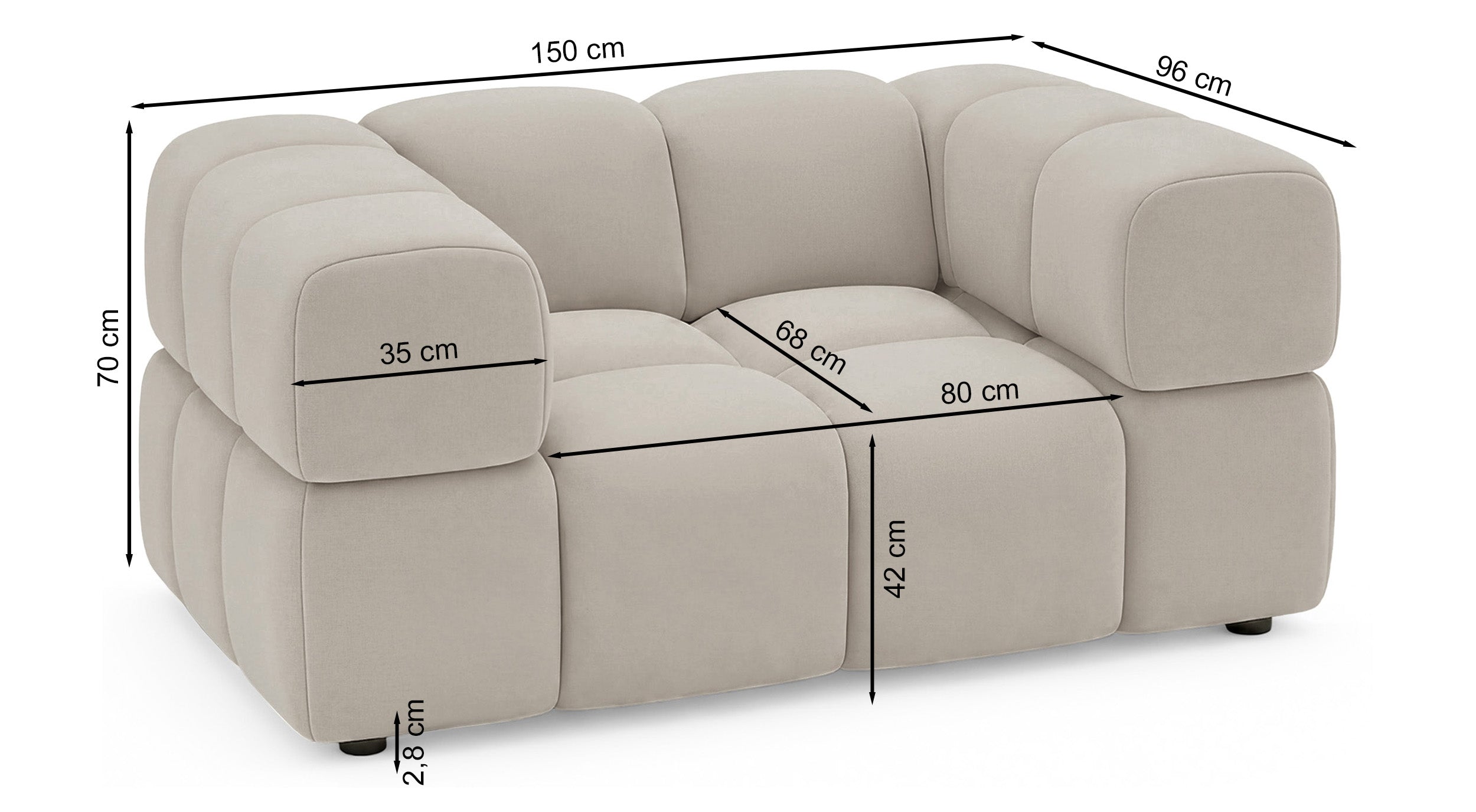 Rysunek wymiarowy - Fotel kubełkowy Hollme jasnoszary welur: szerokość 150 cm, głębokość 96 cm, wysokość 70 cm
