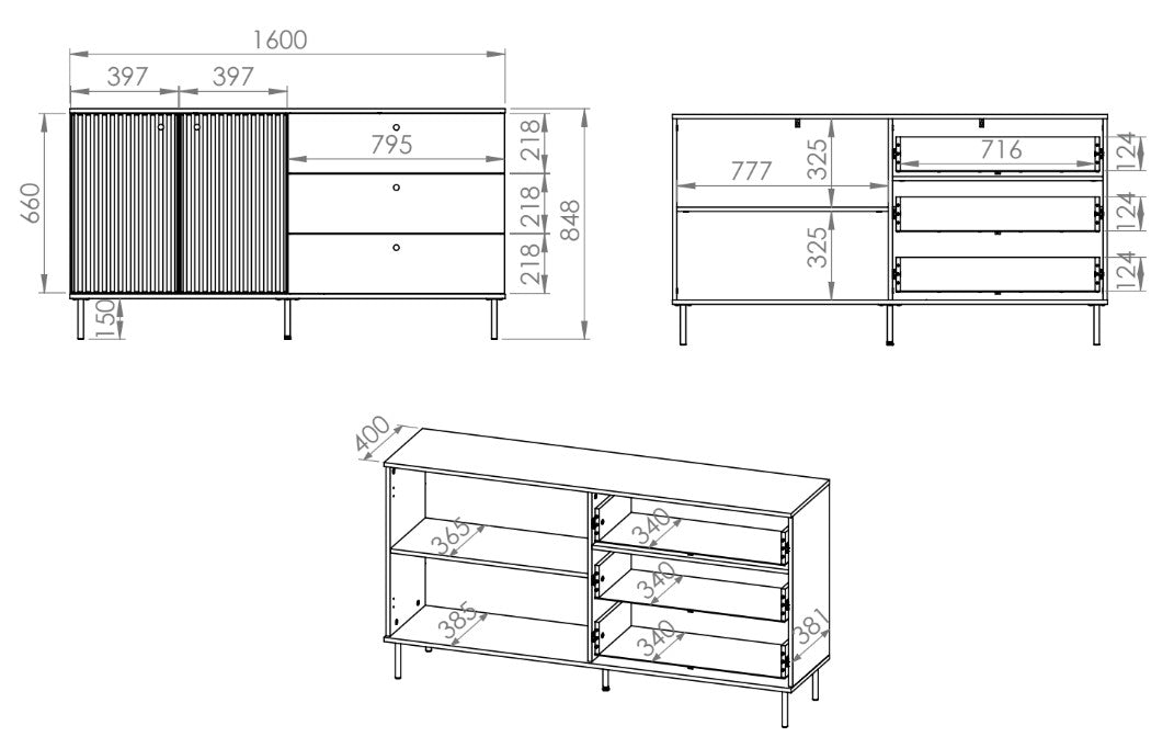 Rysunek wymiarowy - Komoda dwudrzwiowa Caletto z trzema szufladami 160: szerokość 160 cm, głębokość 40 cm, wysokość 85 cm