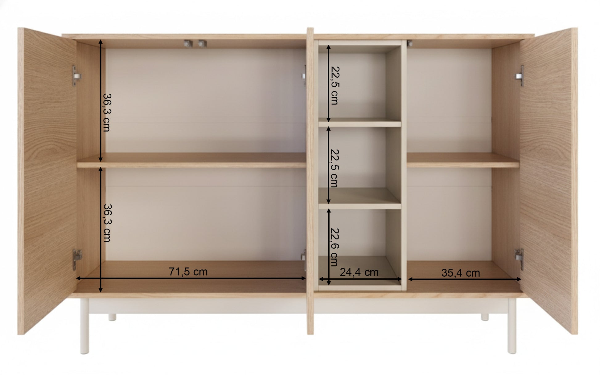 Rysunek wymiarowy - Komoda trzydrzwiowa Layen z trzema wnękami 138 cm dąb lindberg/kaszmir: szerokość 138 cm, głębokość 39 cm, wysokość 95 cm