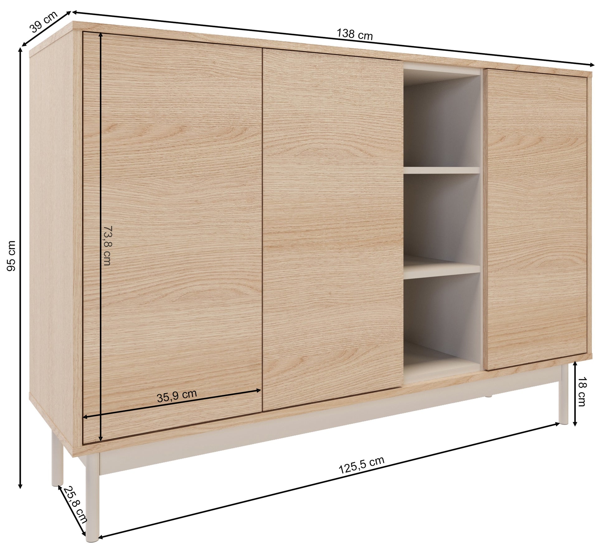 Rysunek wymiarowy 2 - Komoda trzydrzwiowa Layen z trzema wnękami 138 cm dąb lindberg/kaszmir: szerokość 138 cm, głębokość 39 cm, wysokość 95 cm
