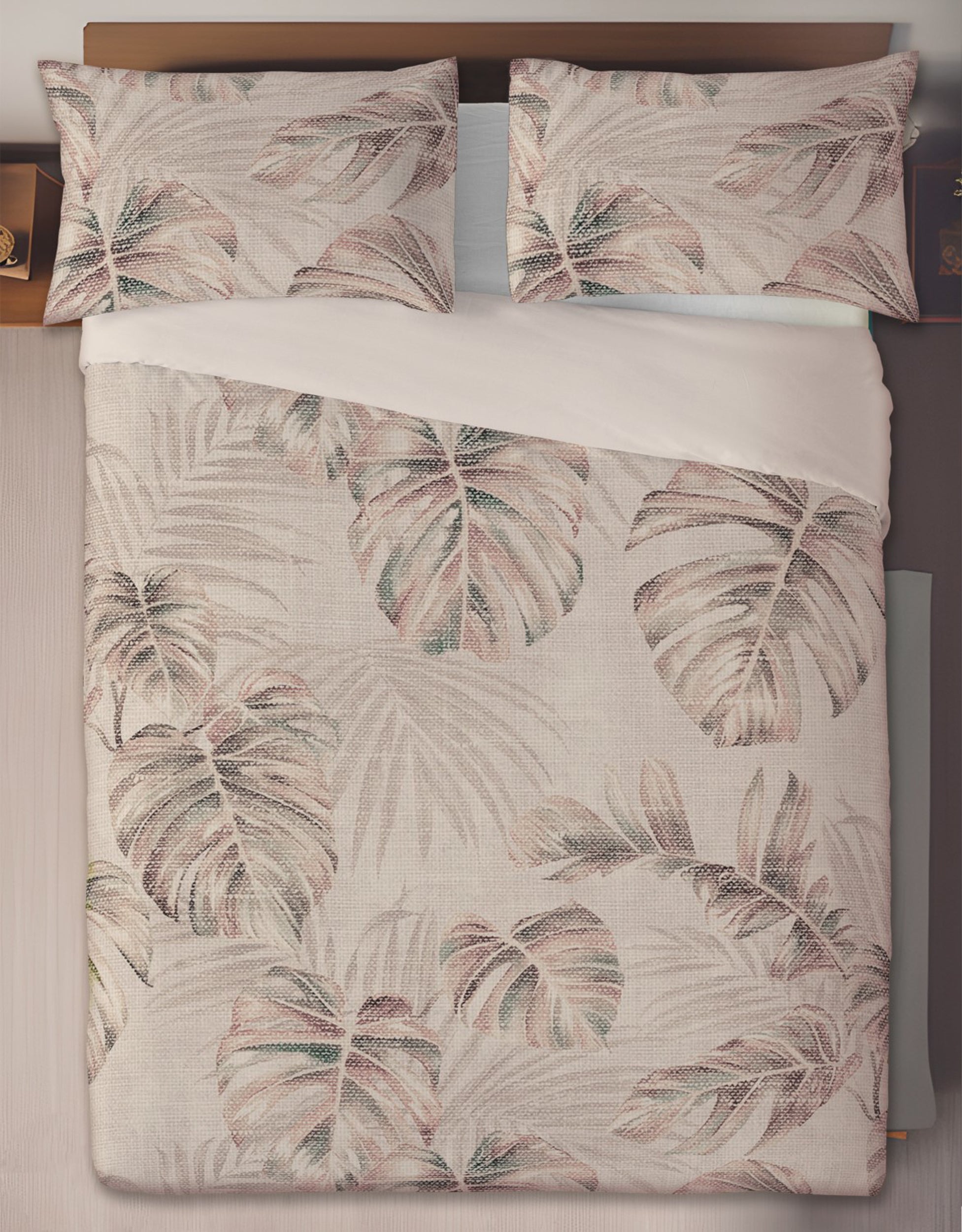Komplet pościeli z lnem Linen tropikalne liście 220x200 cm z dwiema poszewkami na poduszkę 70x80 cm