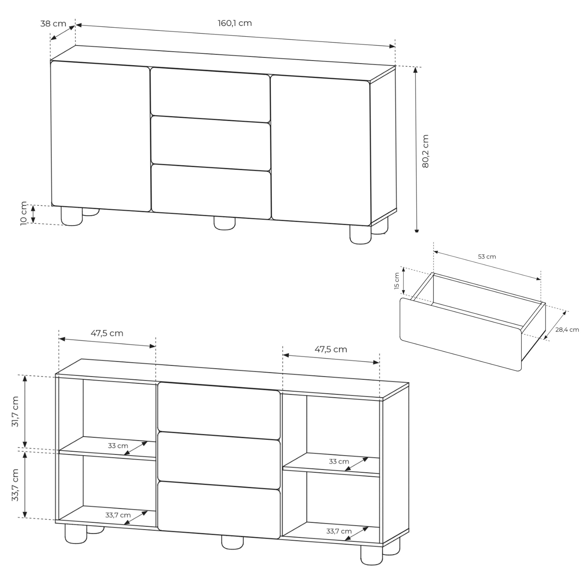 Rysunek wymiarowy - Komoda dwudrzwiowa Lomo z trzema szufladami 160: szerokość 160,1 cm, głębokość 38 cm, wysokość 80,2 cm