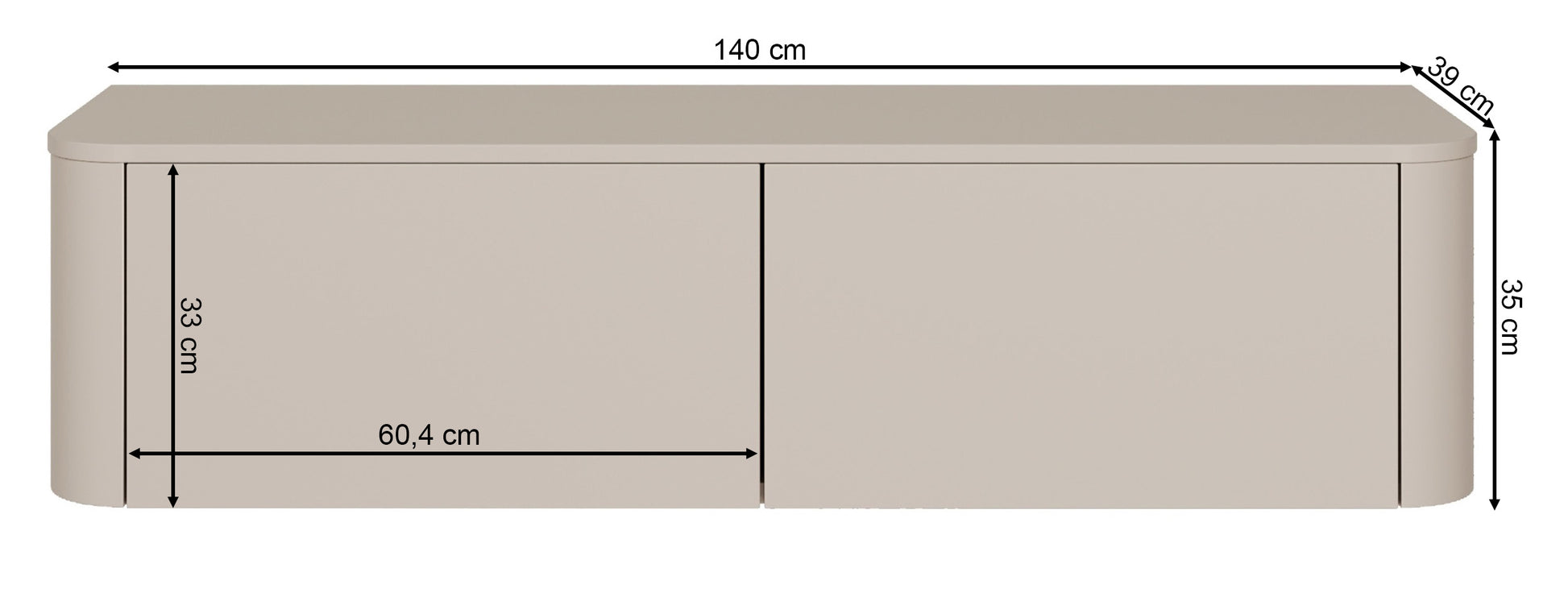 Rysunek wymiarowy - Szafka RTV Luvio wisząco-stojąca 140 cm: szerokość 140 cm, głębokość 39 cm, wysokość 40,9 cm