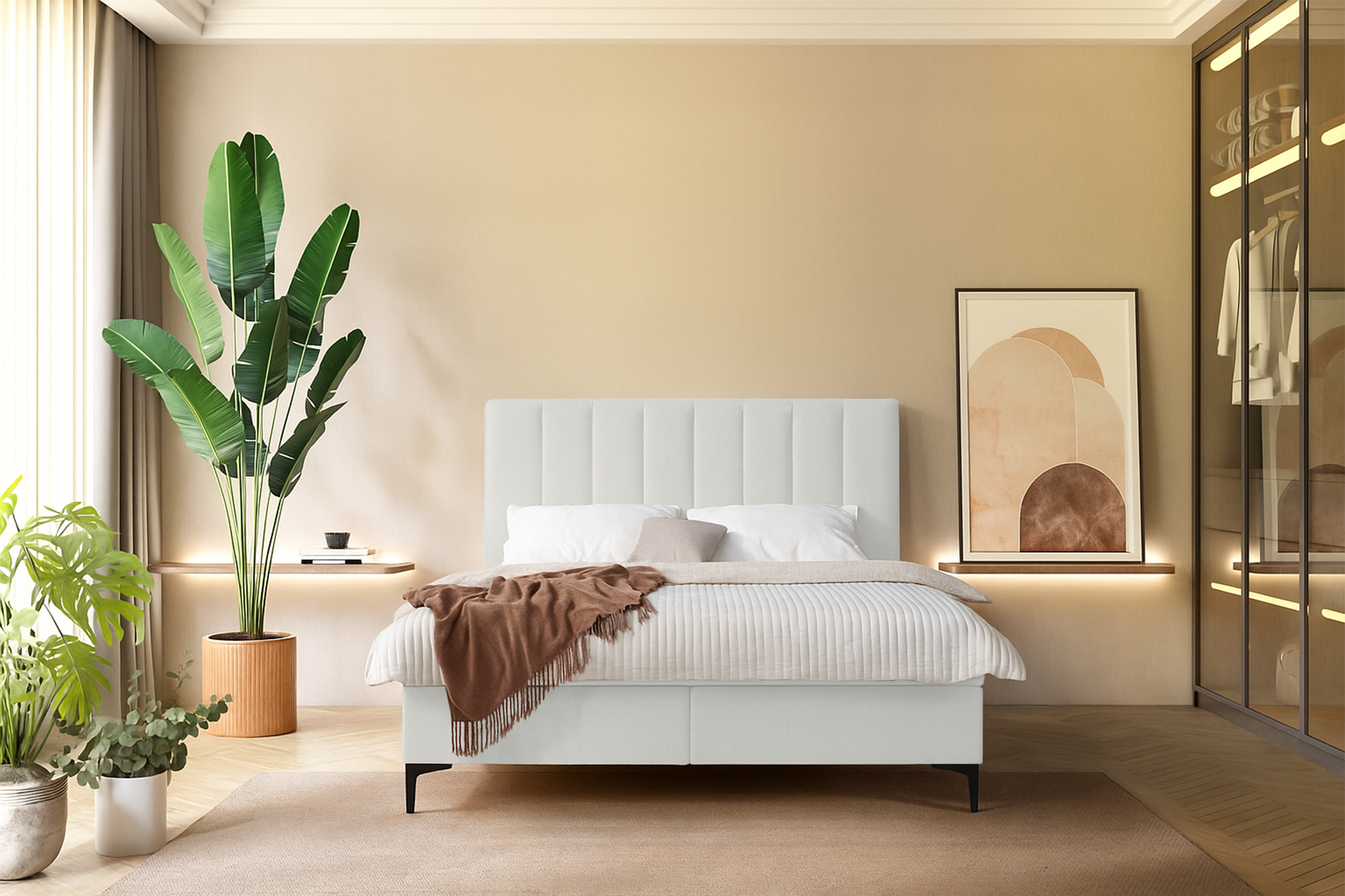 Łóżko kontynentalne Lorentes 180x200 cm z pojemnikiem i topperem kremowe - na nóżkach