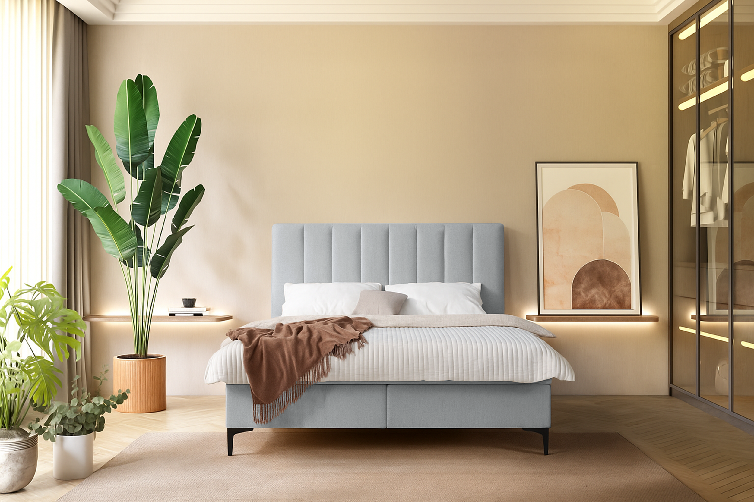 Łóżko kontynentalne 180x200 cm Lorentes z pojemnikiem i topperem jasnoszare plecionka