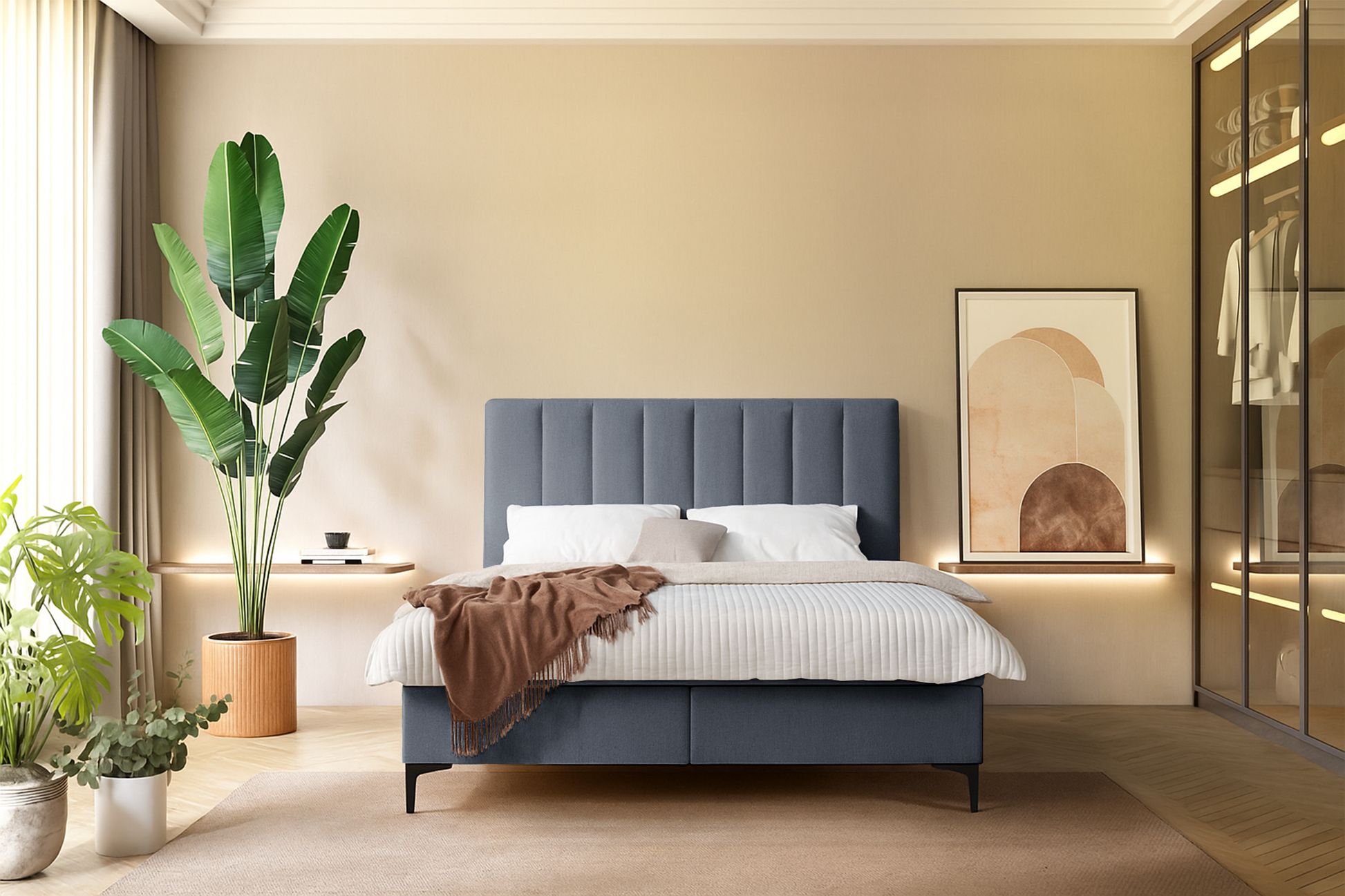 Łóżko kontynentalne Lorentes 160x200 cm z pojemnikiem i topperem ciemnoszare - na nóżkach