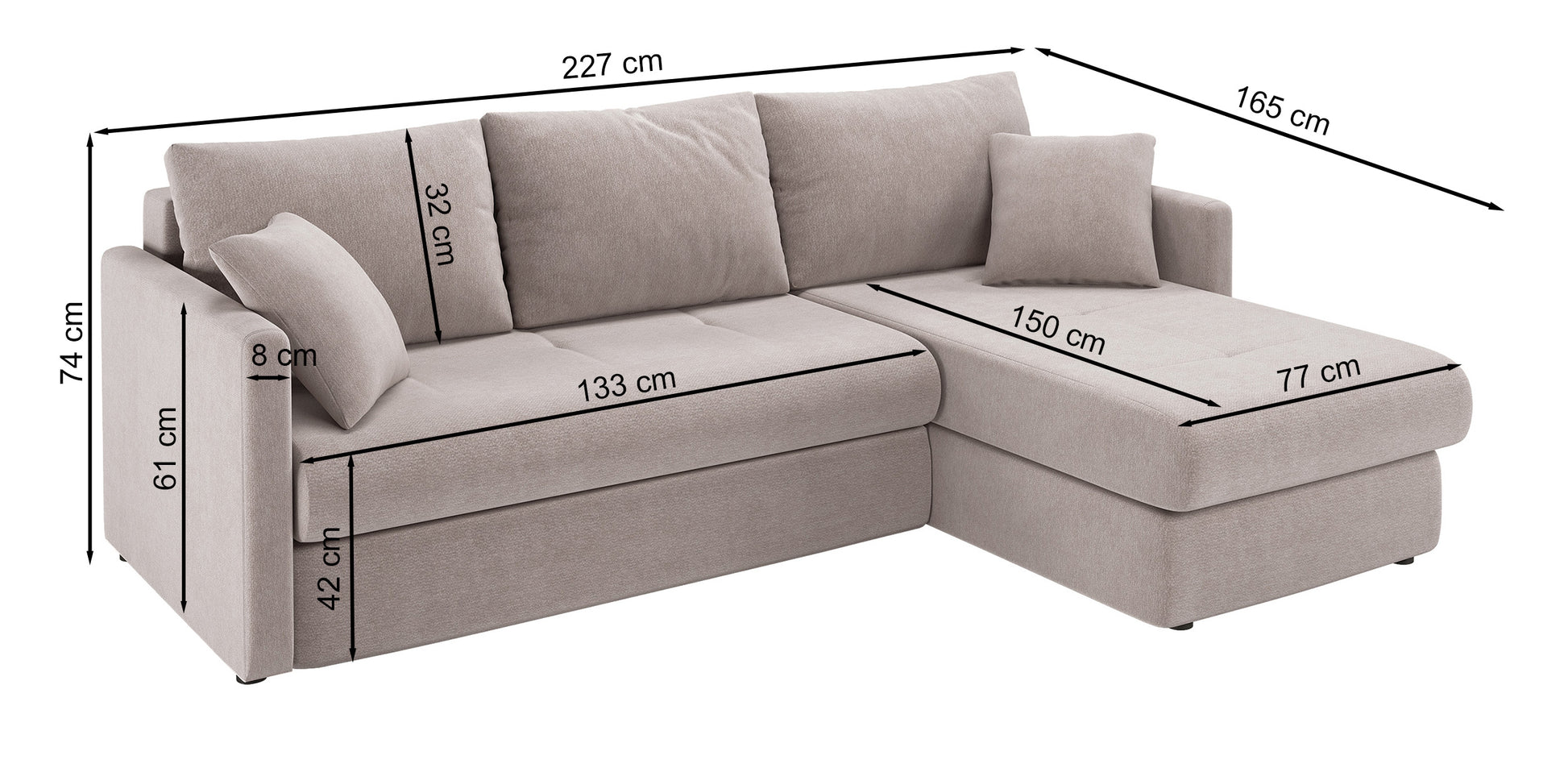 Rysunek wymiarowy - Narożnik Lorro: szerokość 227 cm, głębokość 165 cm, wysokość 74 cm