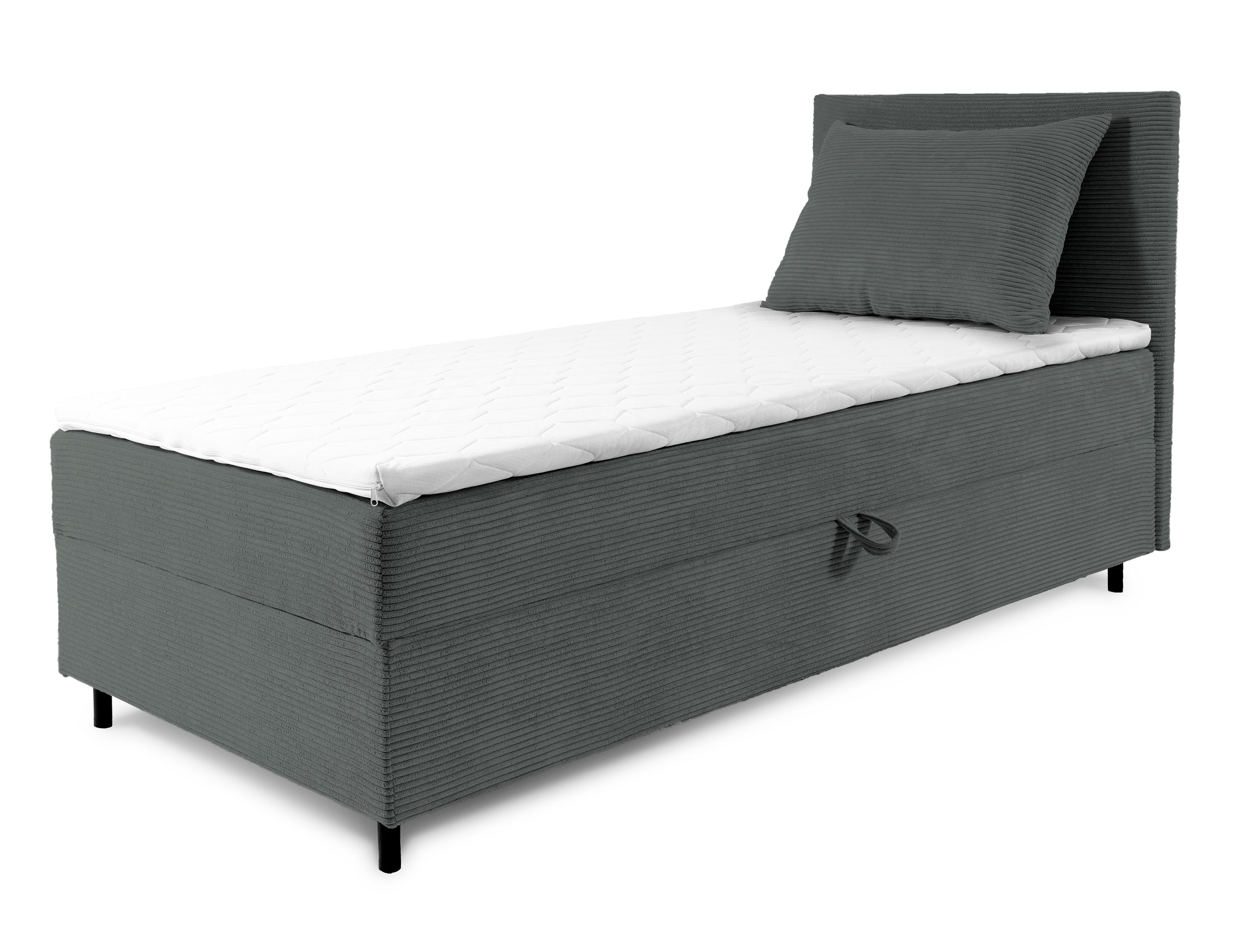 Łóżko kontynentalne jednosobowe Montigo Mini 90x200 cm z pojemnikiem, topperem i poduszką szare sztruks nogi czarne prawostronne