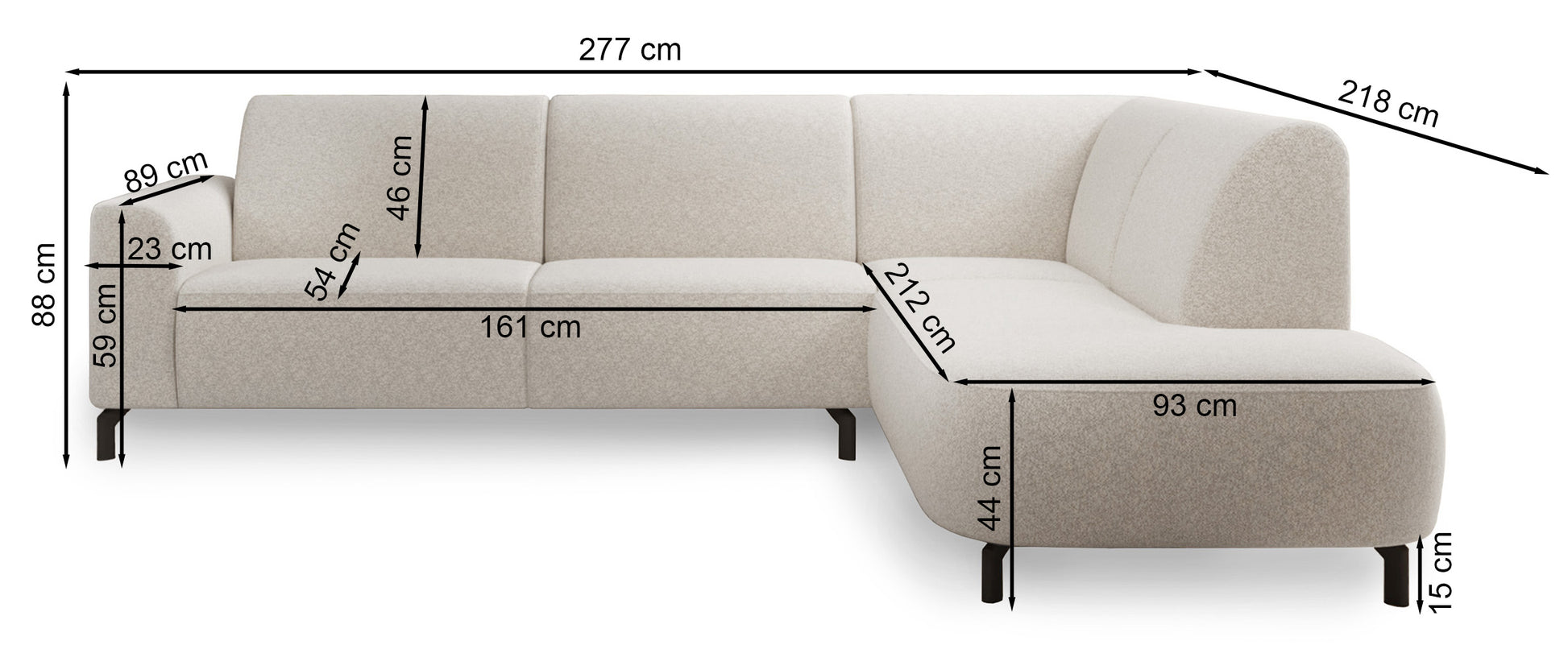 Rysunek wymiarowy - Narożnik Lununa lewostronny szarobeżowy: szerokość 277 cm, głębokość 218 cm, wysokość 88 cm